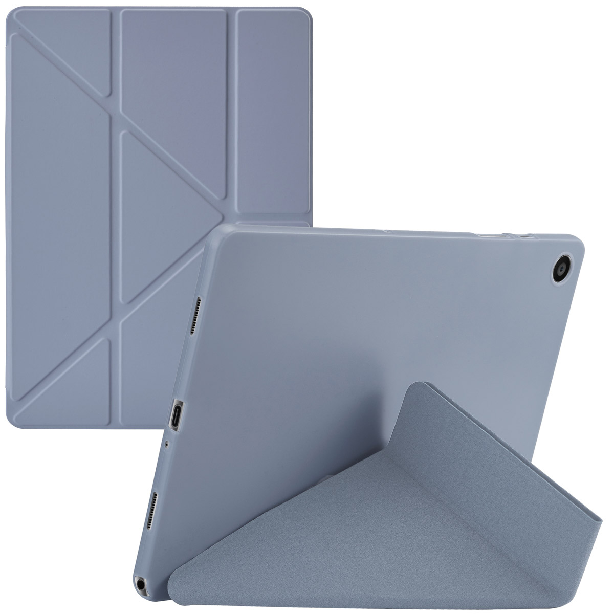 Gray tablet with matching case in a stand position.