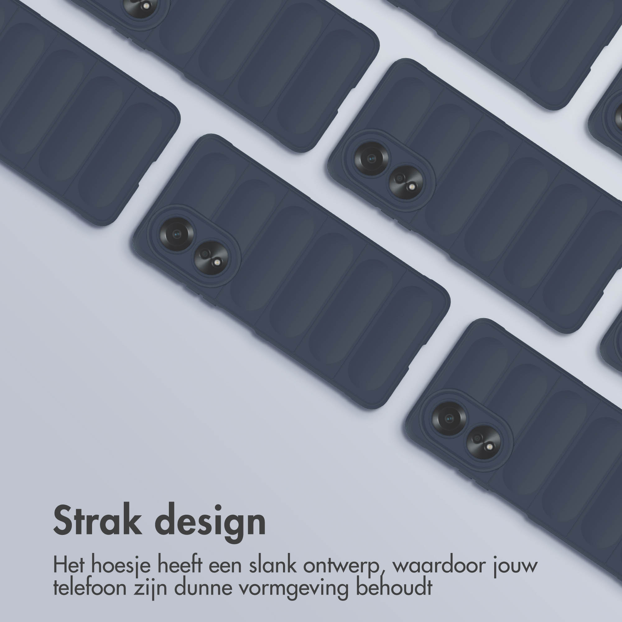 Meerdere blauwe telefoonhoesjes. Tekst: strak design. Hoesje heeft een slank design.