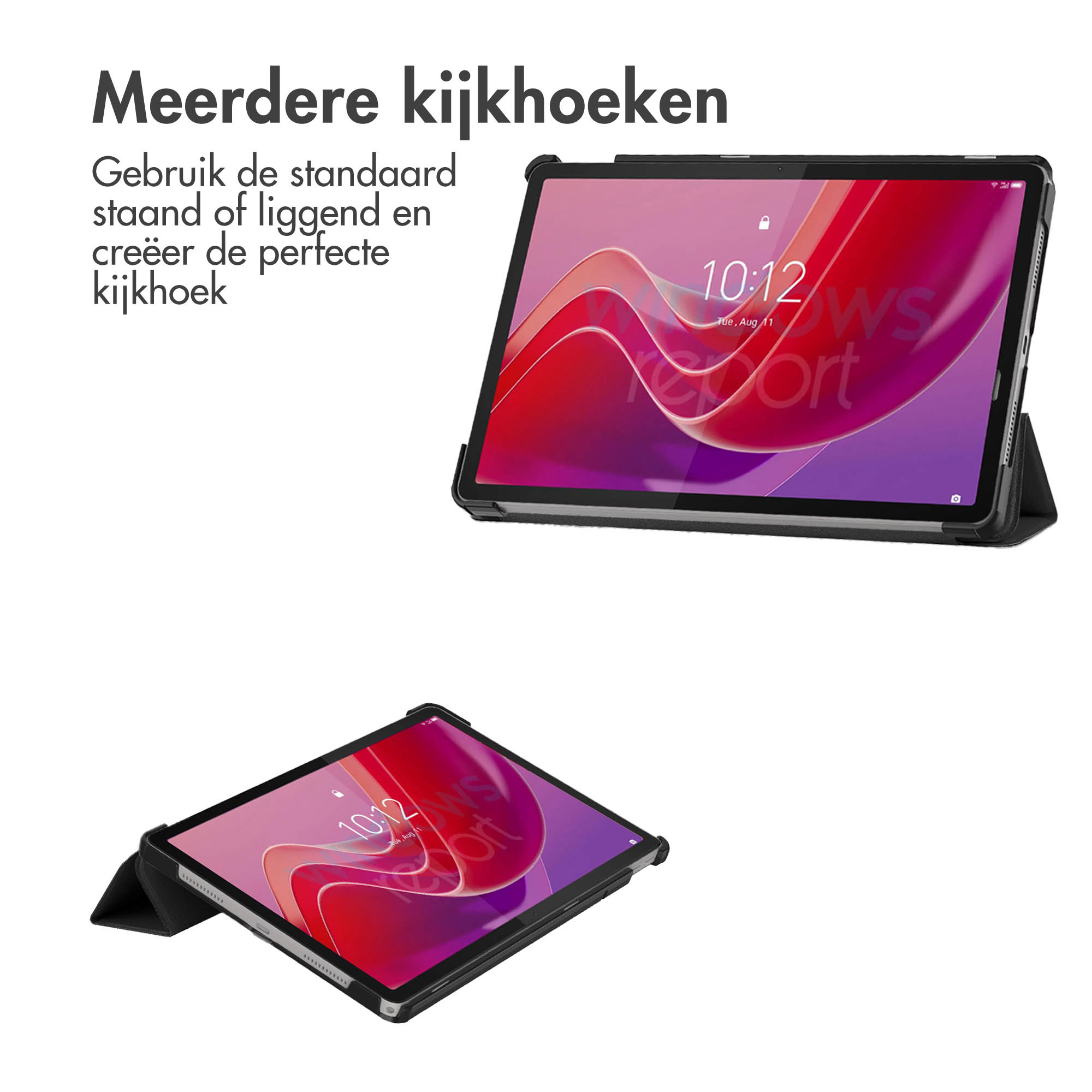 Two black tablets with a red and white screen, in a black case.