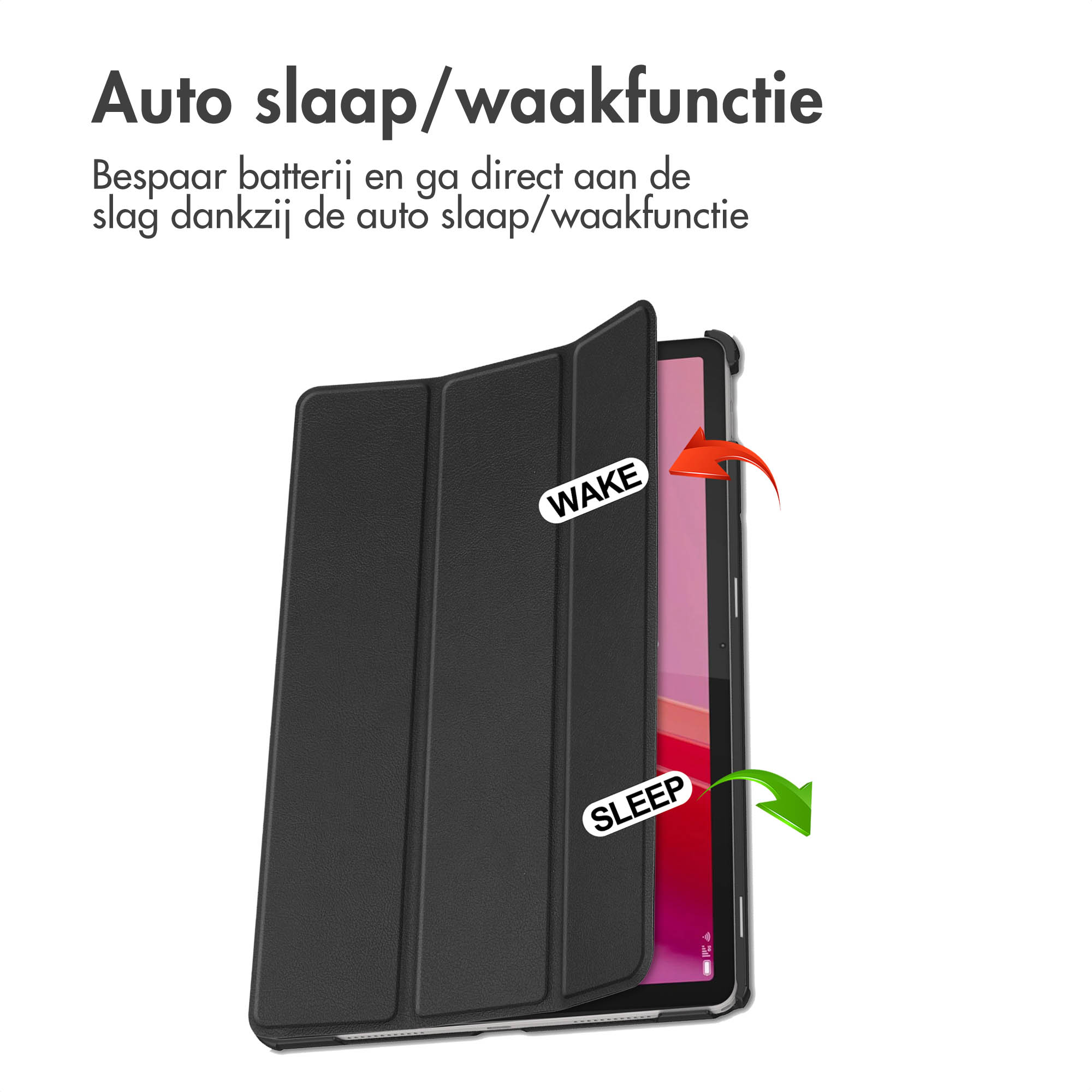 Tablet in a black case, open to show the screen. Arrows and words sleep/wake are visible.