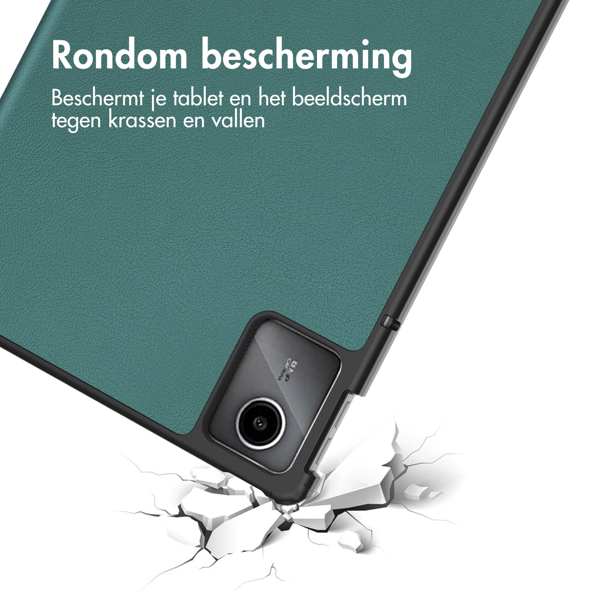 Tablet case with green cover, cracked ground. Text says 'Rondom bescherming' (All-around protection).