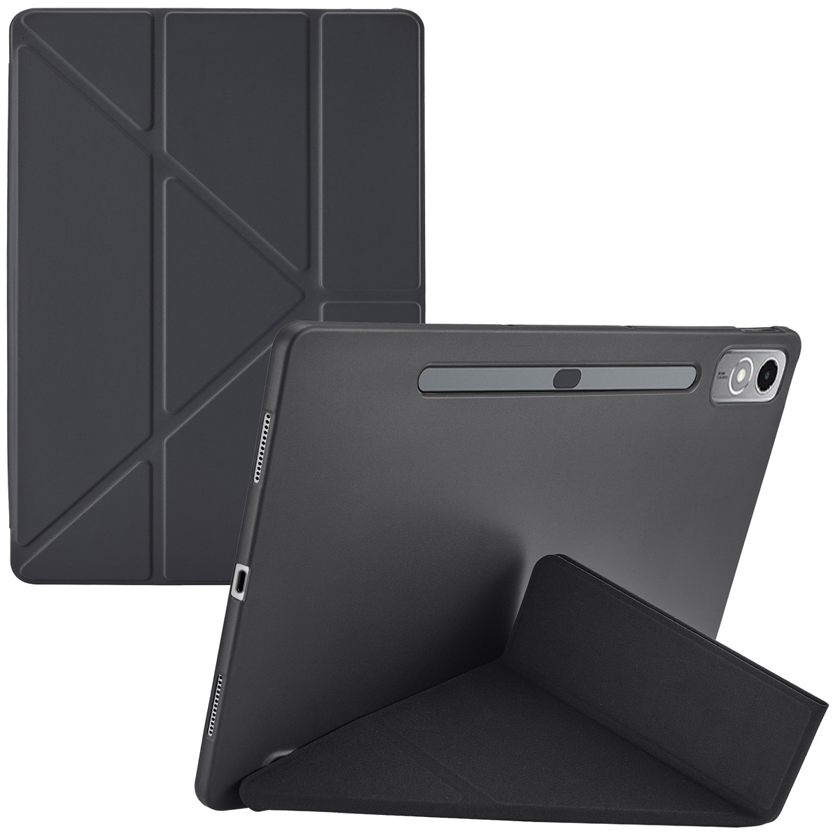 Tablethoes, donkergrijs, opvouwbaar ontwerp, achterkant van de tablet zichtbaar.