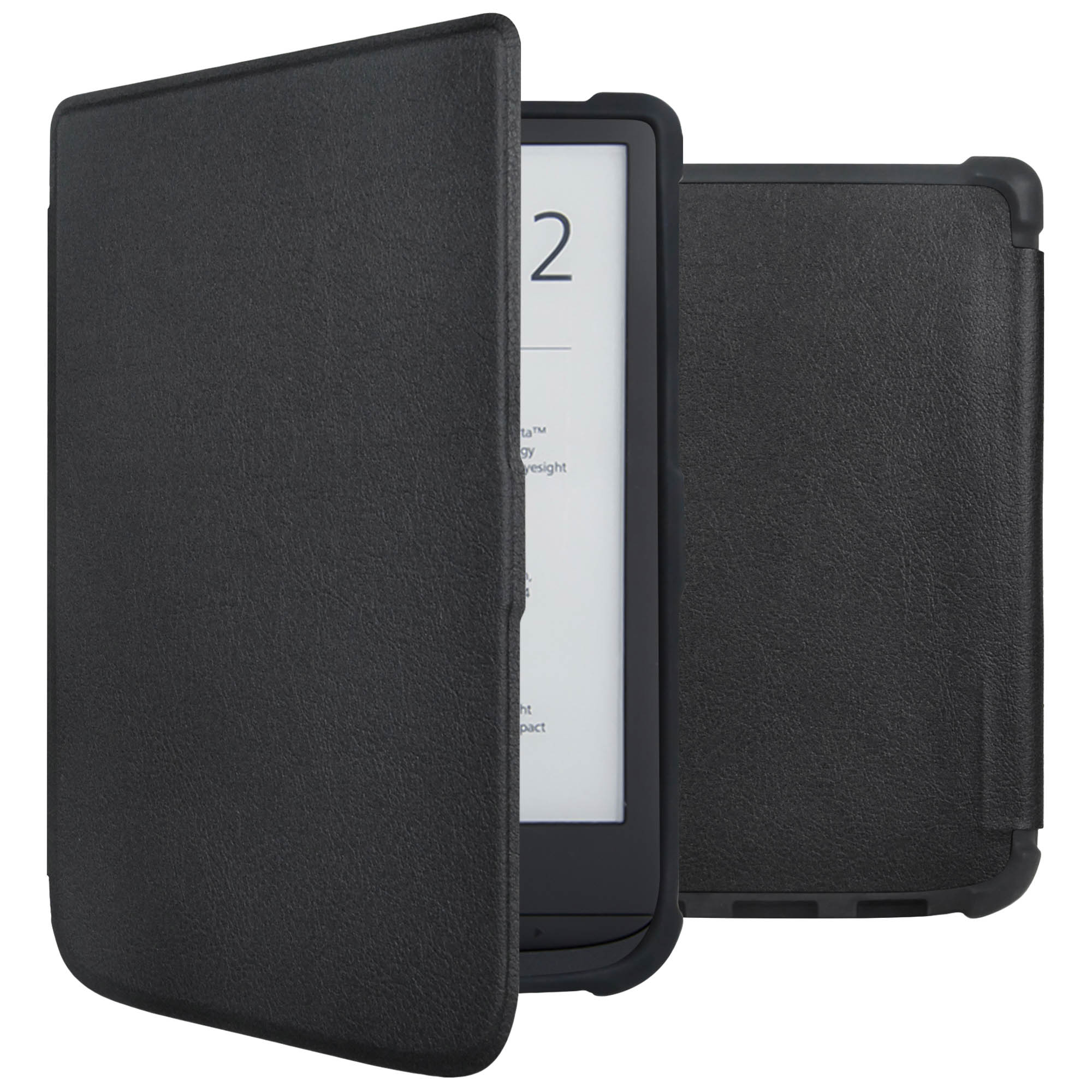 Un étui noir en cuir de style livre pour un lecteur électronique est ouvert. Le lecteur électronique est visible et possède un écran blanc.