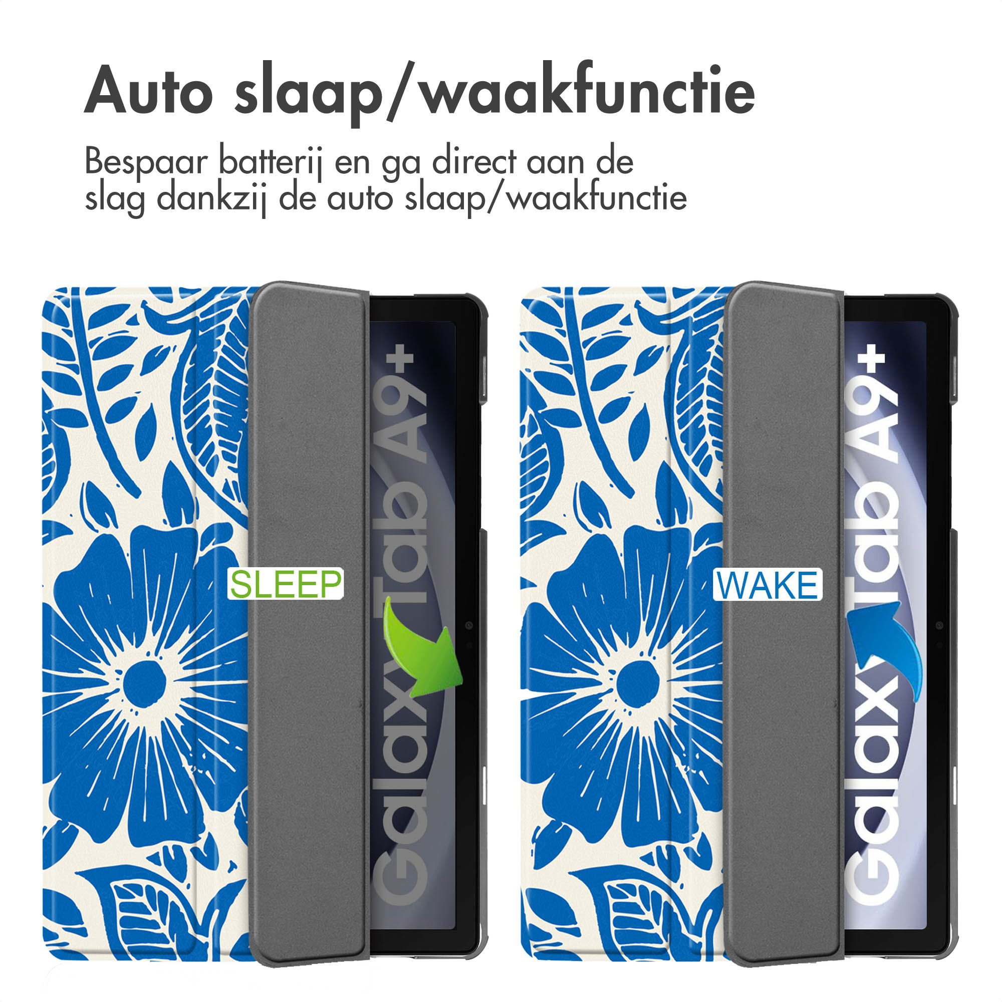 Two tablet cases, blue floral pattern, one open, one closed with sleep/wake labels.