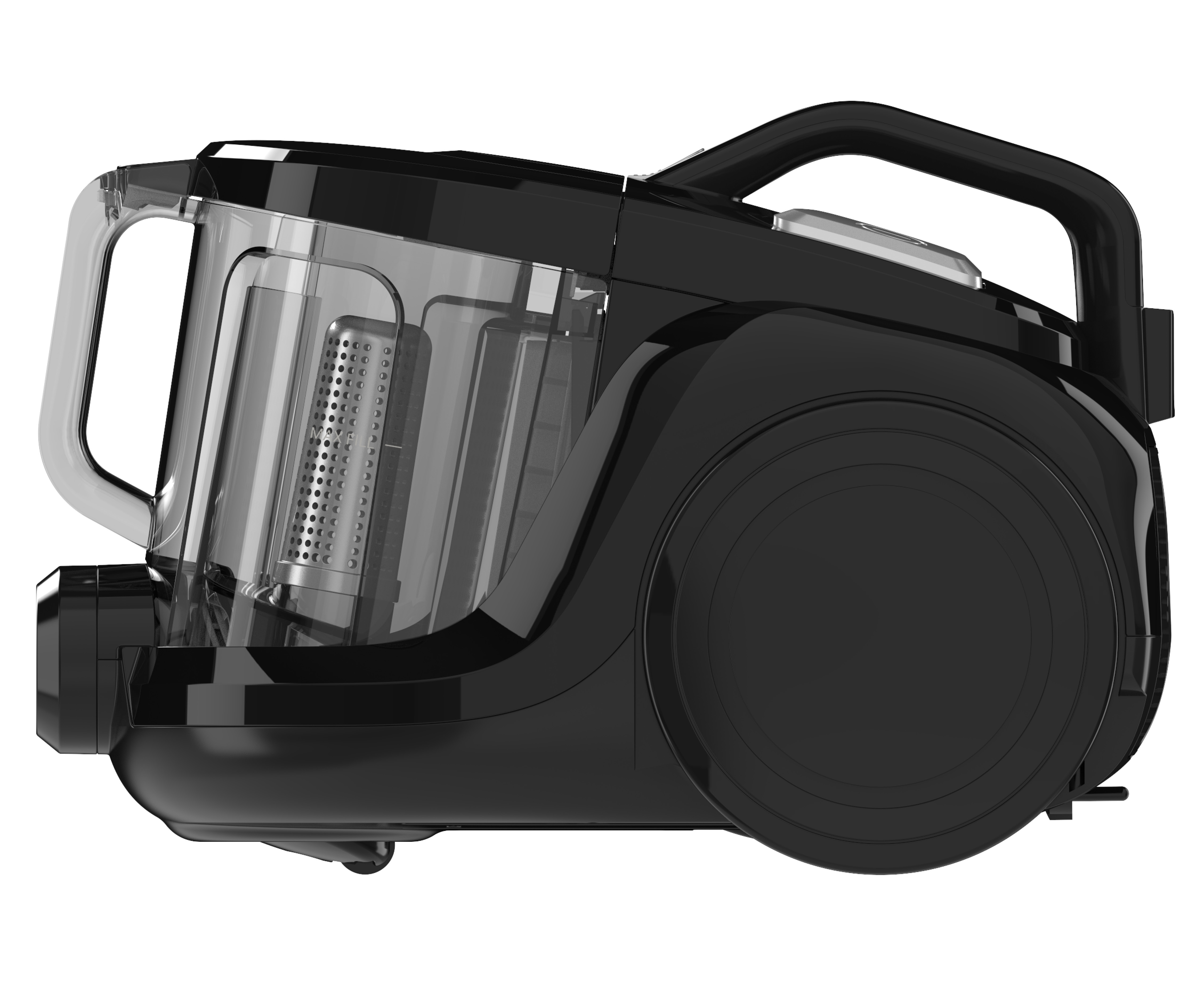 A black vacuum cleaner, side view, with transparent dust container and handle.