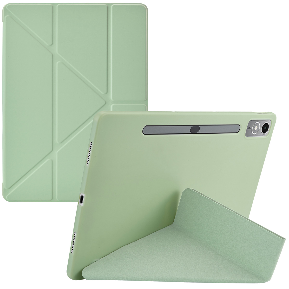 Een lichtgroene tablet met een lichtgroene hoes wordt getoond. De hoes is opgevouwen om als standaard te dienen.