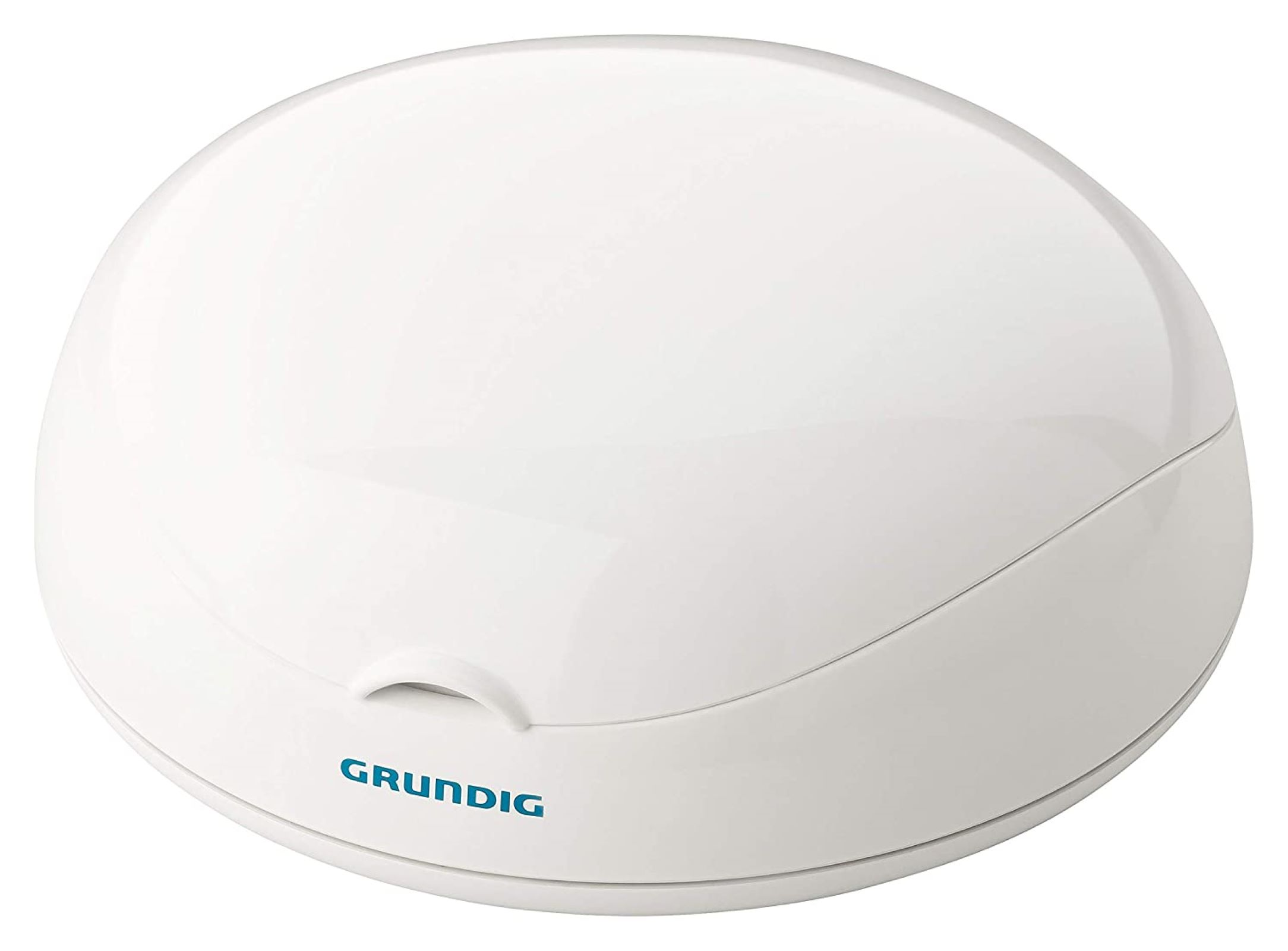 Weißes Grundig-Produkt, runde Form mit kleiner Vertiefung.