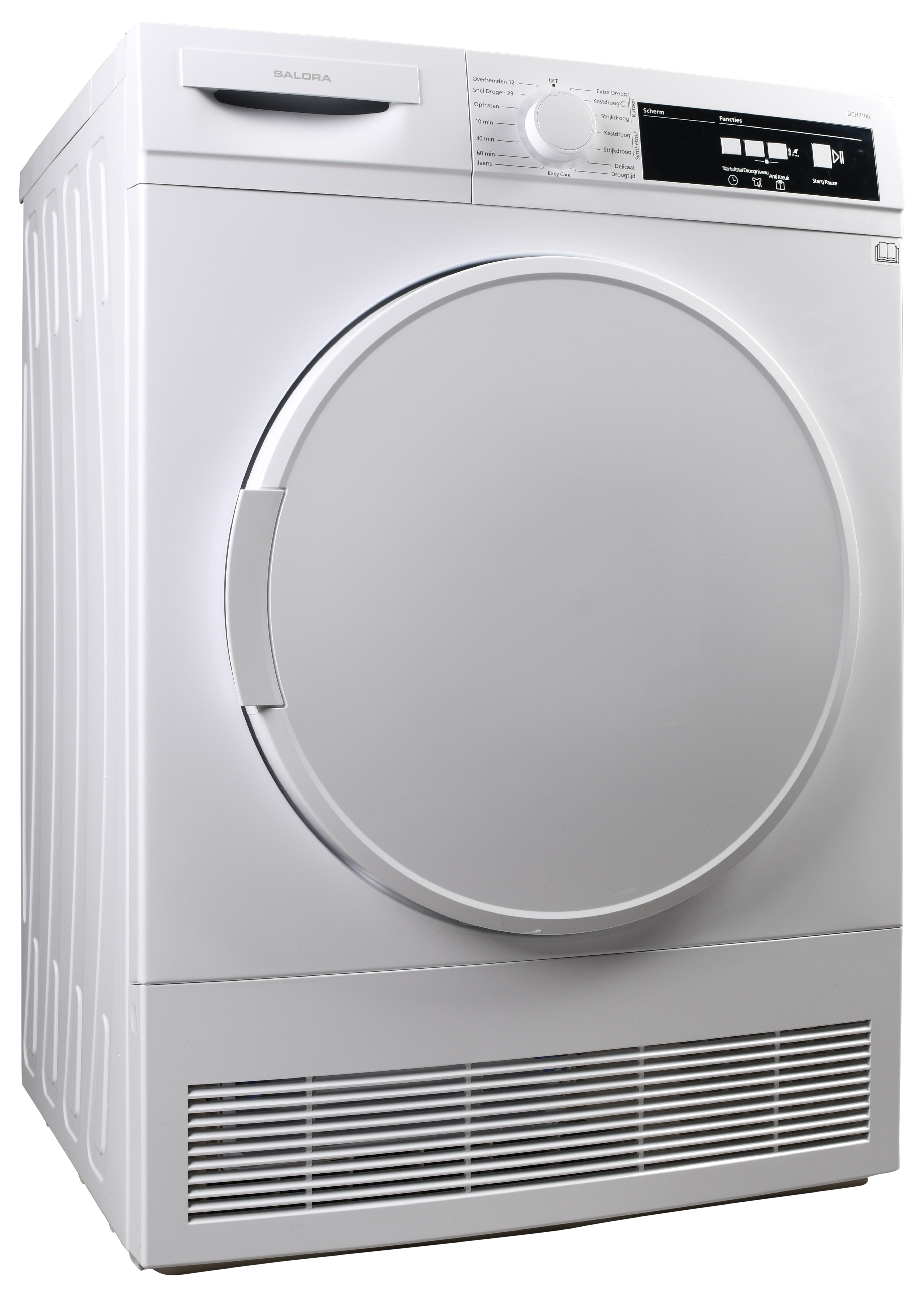 Witte droger. Afgeronde deur, bedieningspaneel met display. Ventilatie onderaan.