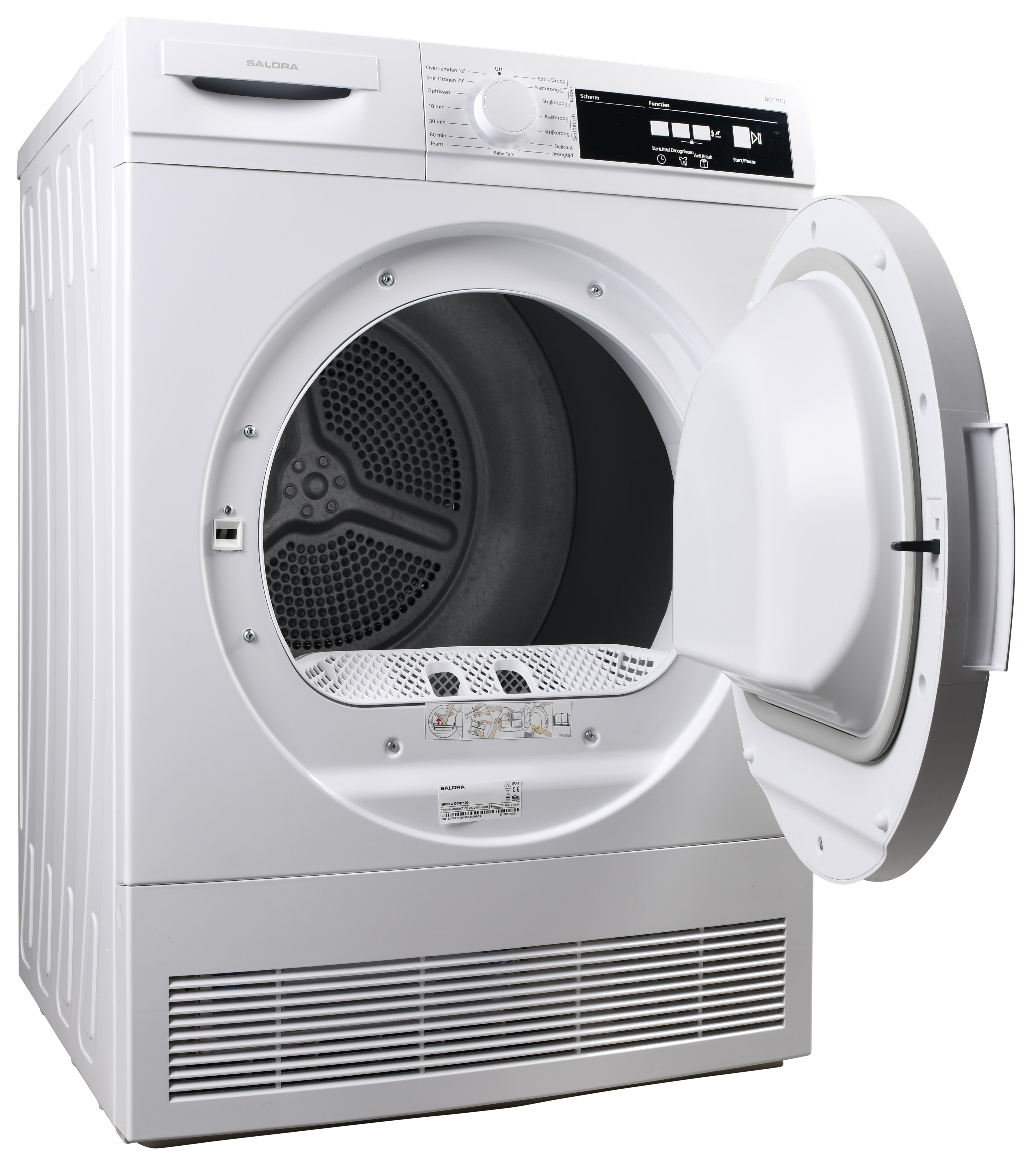 Een witte wasmachine is open, de binnentrommel is zichtbaar. Het is schoon en klaar voor gebruik.