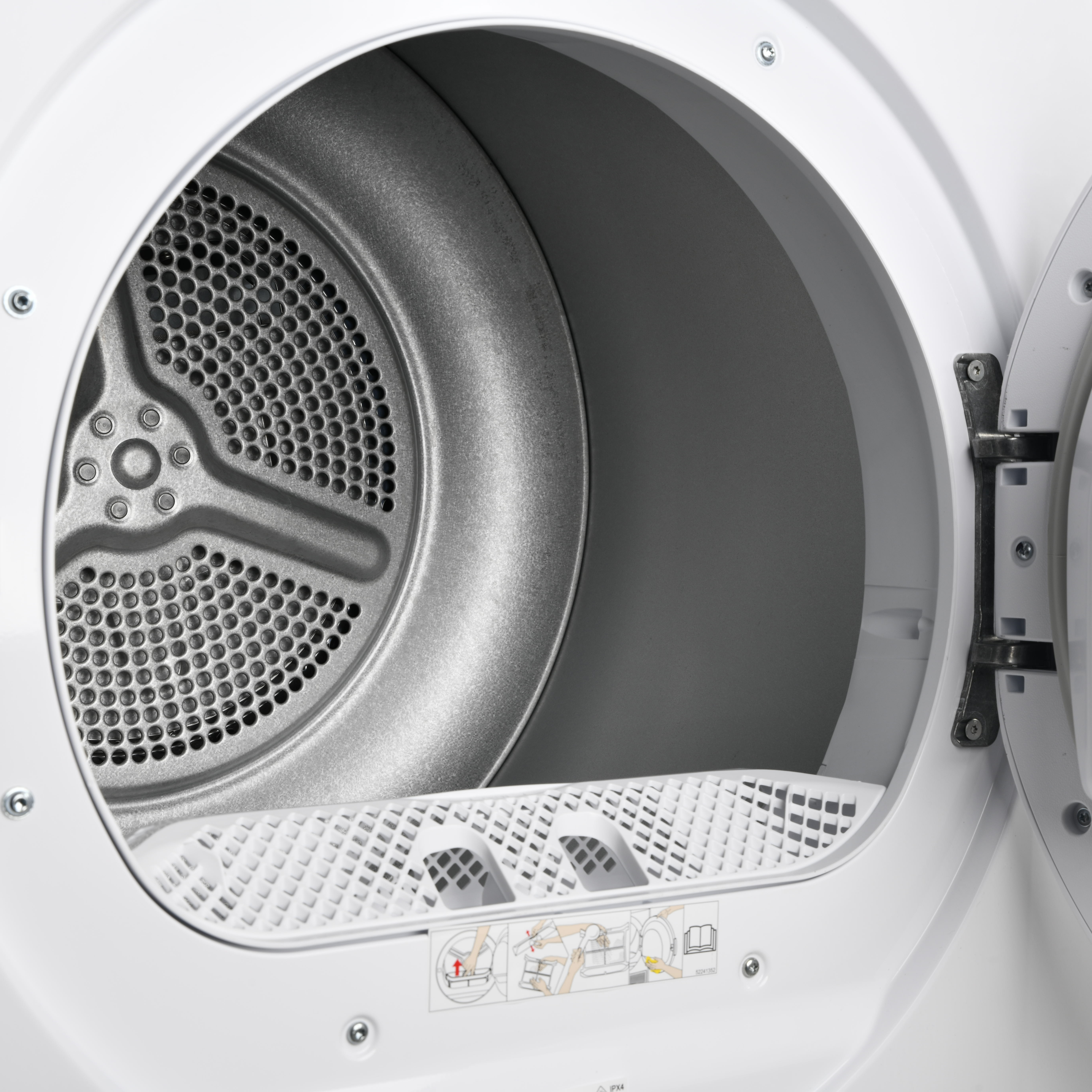 Een open witte droger trommel. Binnenin zit een geperforeerde metalen trommel en een wit filter.
