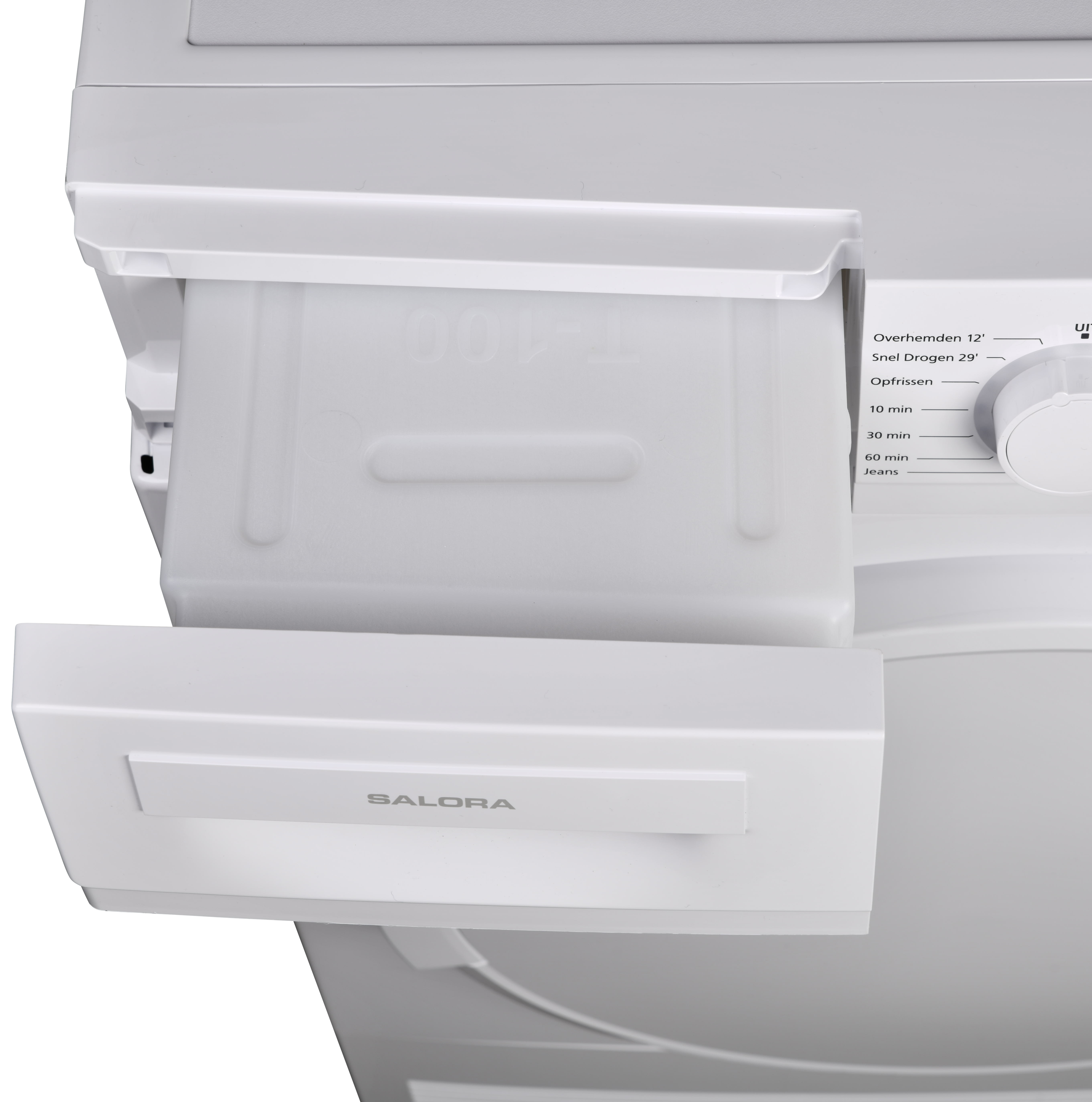 Een wasmachine staat open. De wasmiddellade is uitgetrokken, waardoor een witte, rechthoekige container zichtbaar wordt.