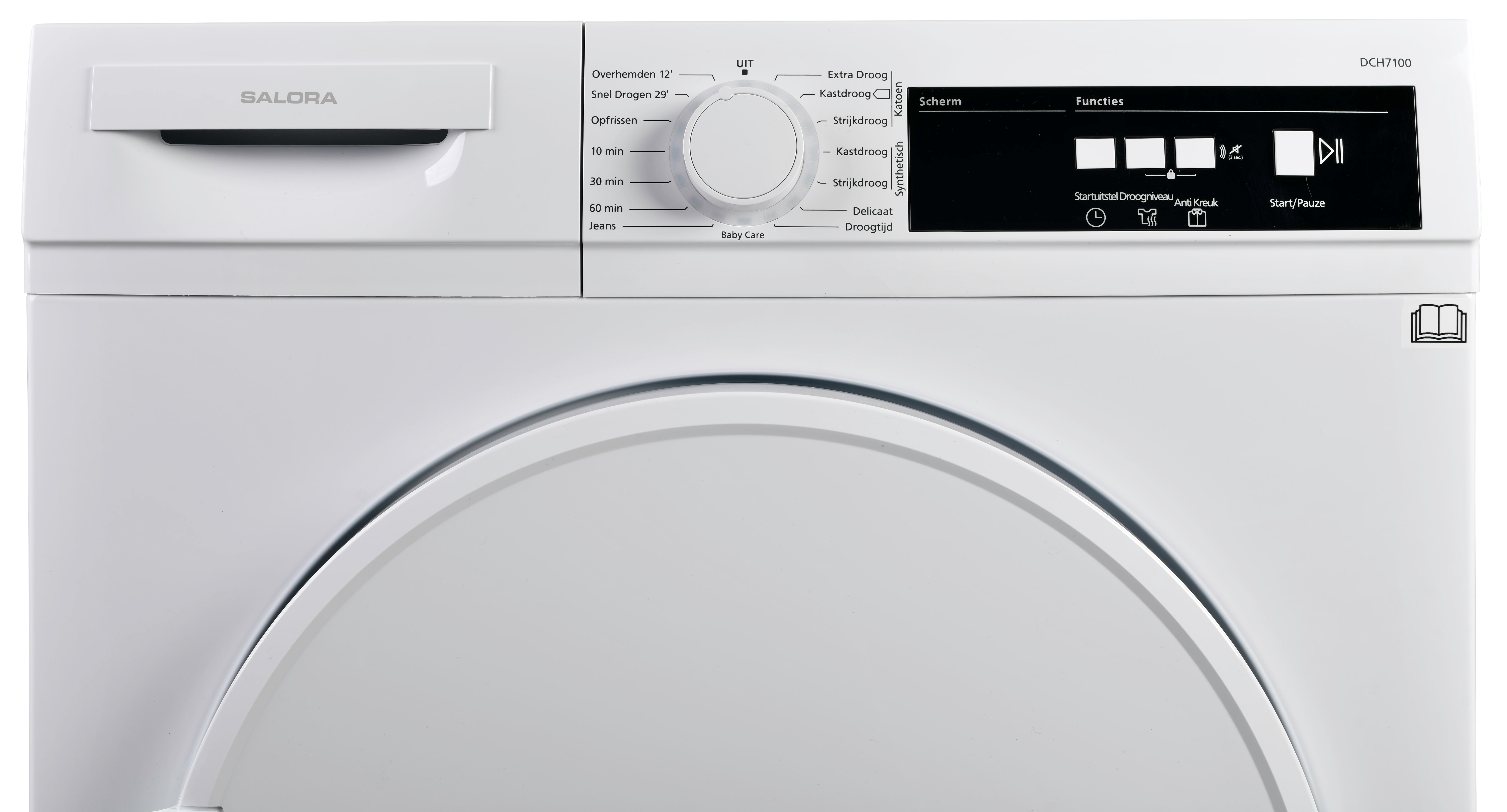 Witte wasmachine vooraanzicht met bedieningspaneel. Verschillende instellingen zichtbaar. Salora merk.