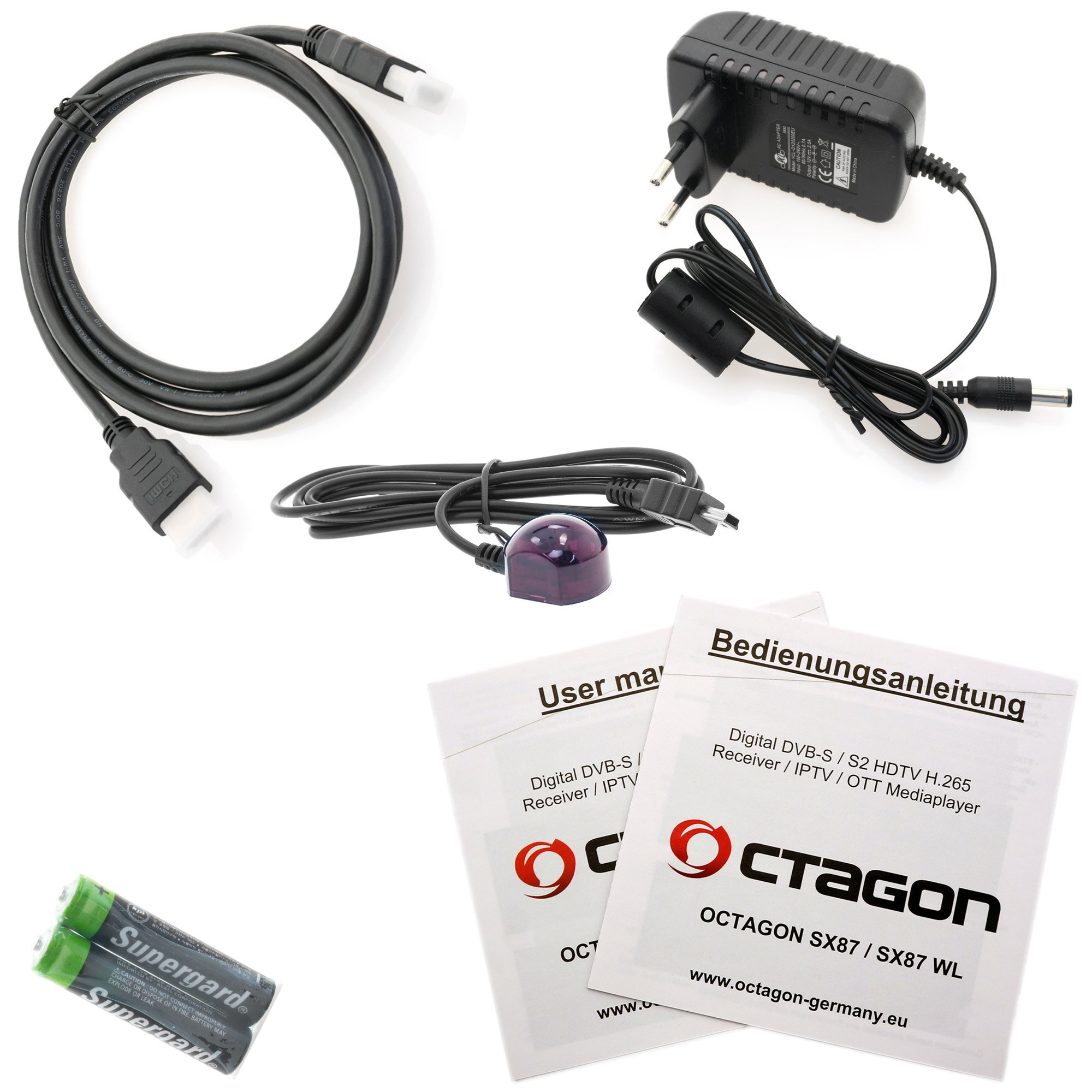 Verschiedenes elektronisches Zubehör, darunter Kabel, Adapter und Benutzerhandbücher.