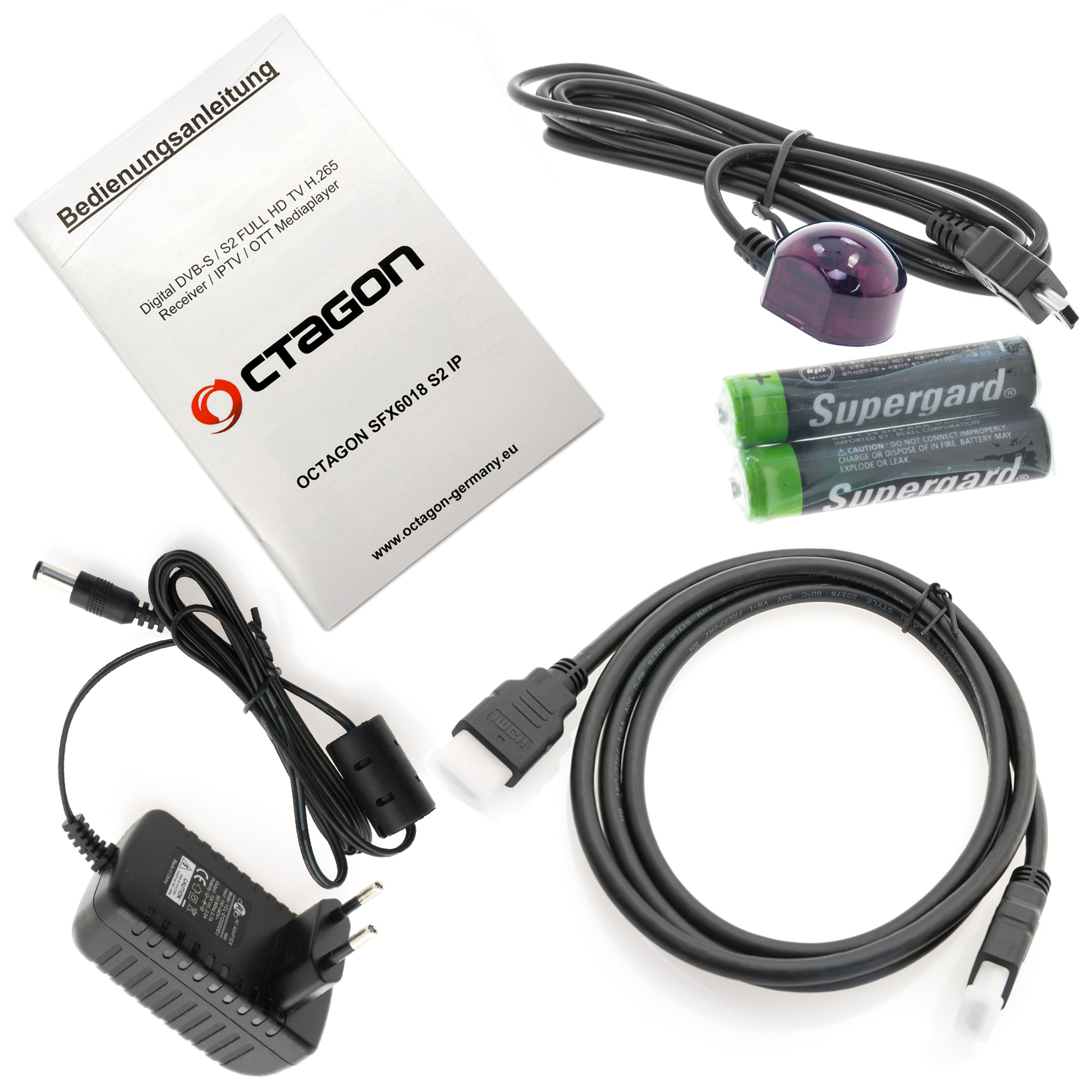 Komponenten eines TV-Receivers: Handbuch, Kabel, Batterien, Netzteil.