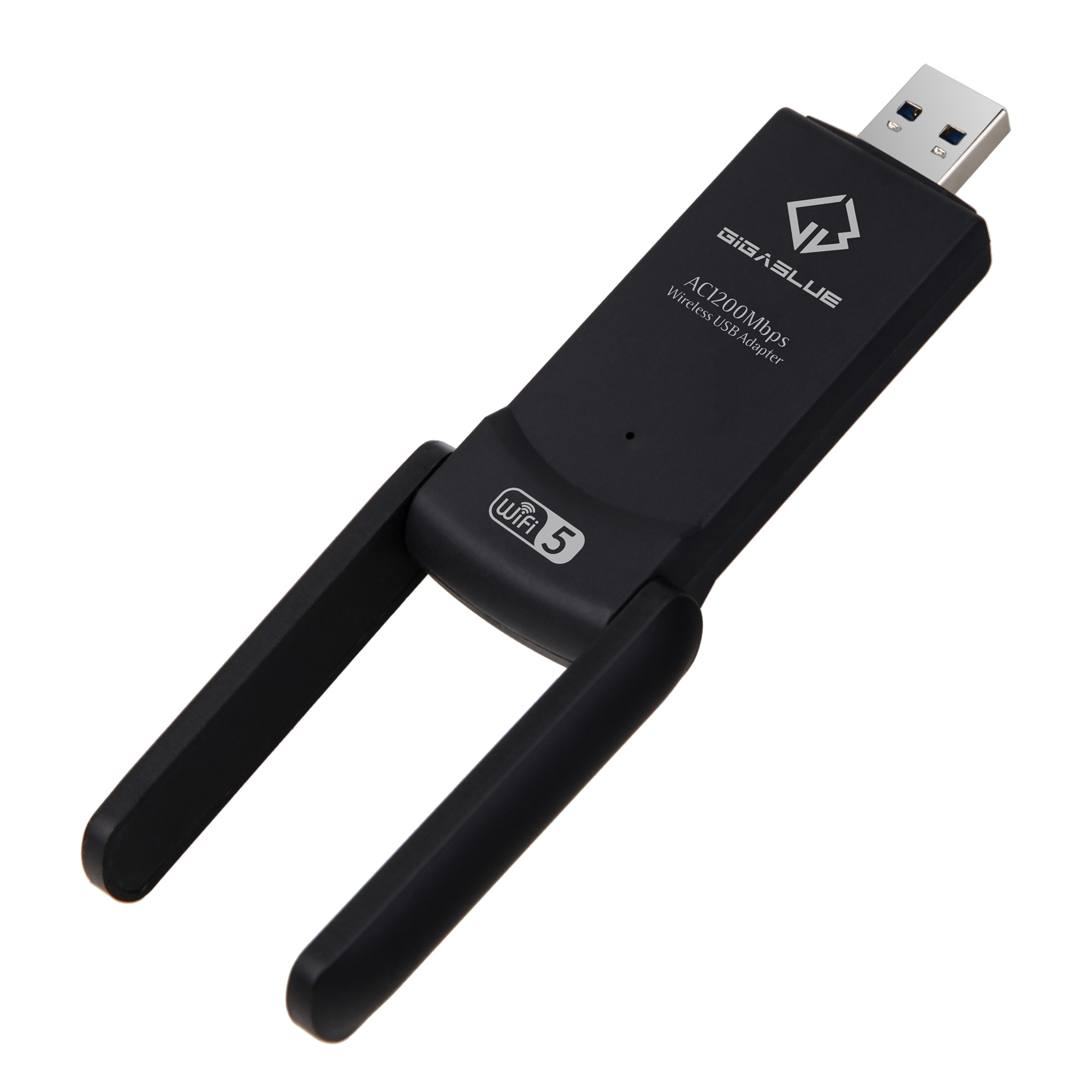 Schwarzer USB-WLAN-Adapter mit zwei ausgeklappten Antennen auf weißem Grund.