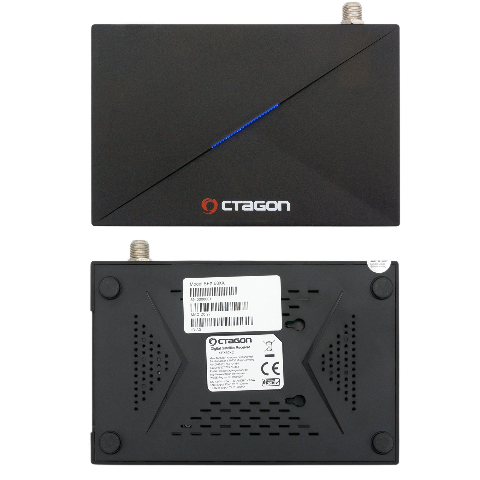 Schwarzer Digitalreceiver, Draufsicht und Unteransicht. Logo und Etiketten sichtbar.