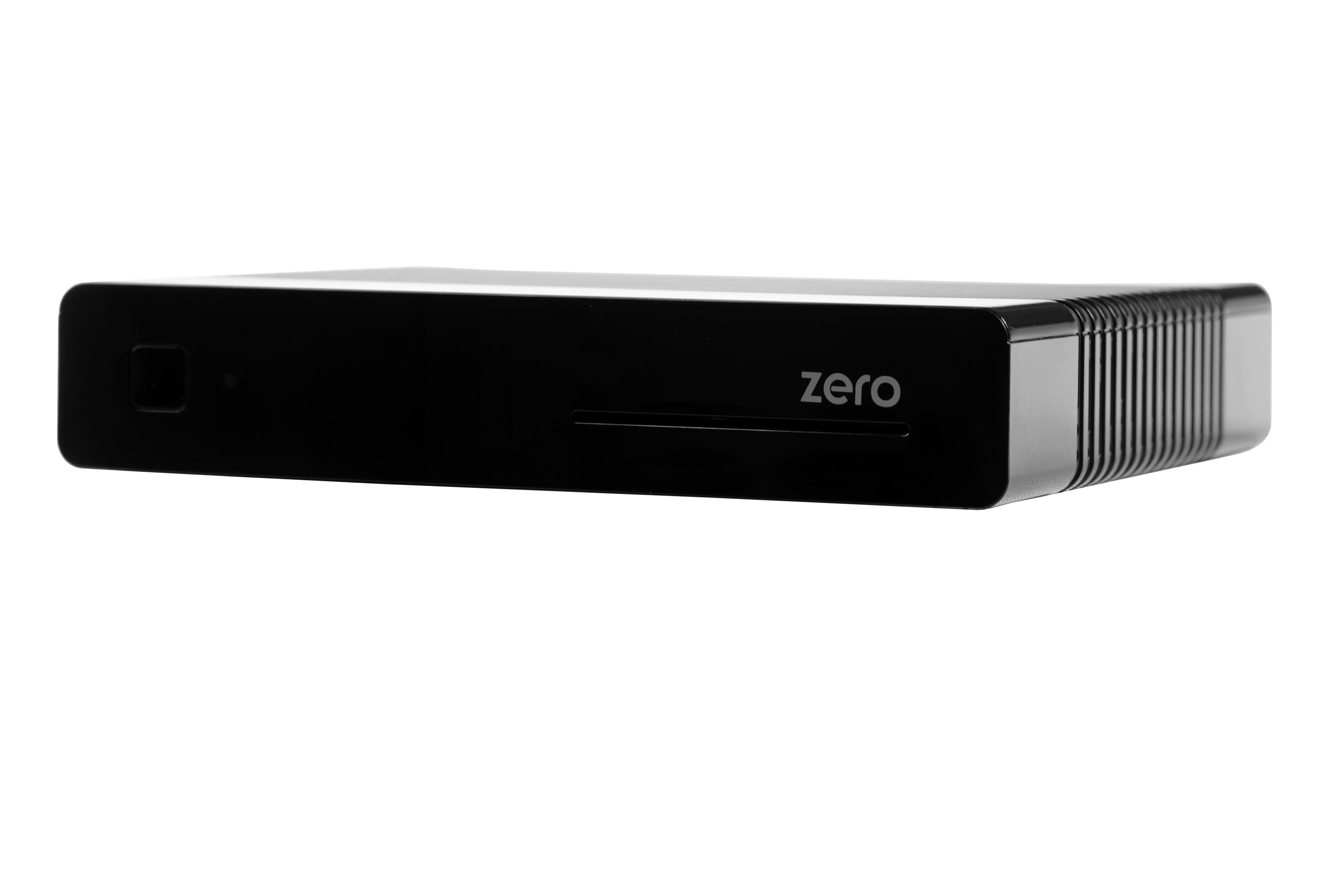 Ein schwarzes, flaches Gerät mit dem Wort „zero“ auf der Vorderseite, wahrscheinlich ein elektronisches Gerät.