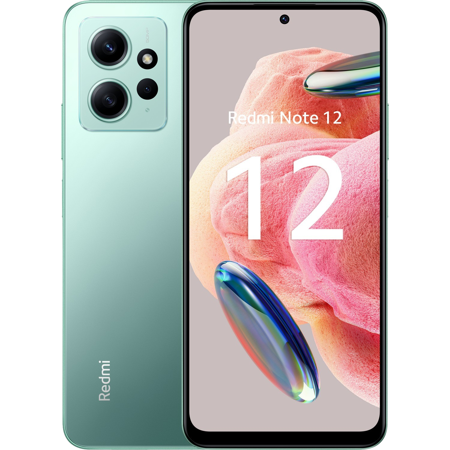Zielony smartfon Redmi Note 12, pokazujący różowo-białe abstrakcyjne tło i podwójne kamery.