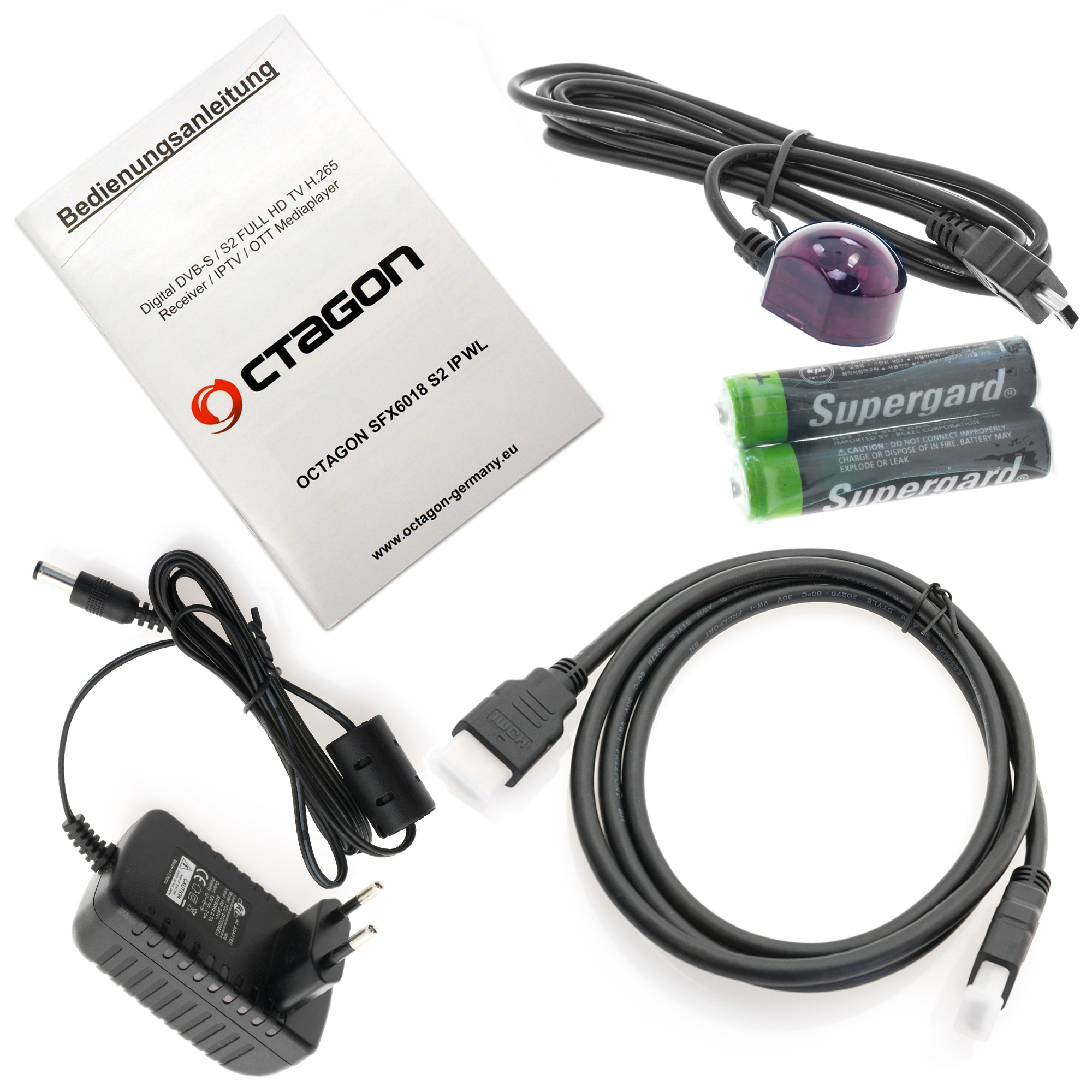 Komponenten: Receiver-Handbuch, Fernbedienung, Batterien, Kabel und Netzteil. Weißer Hintergrund.