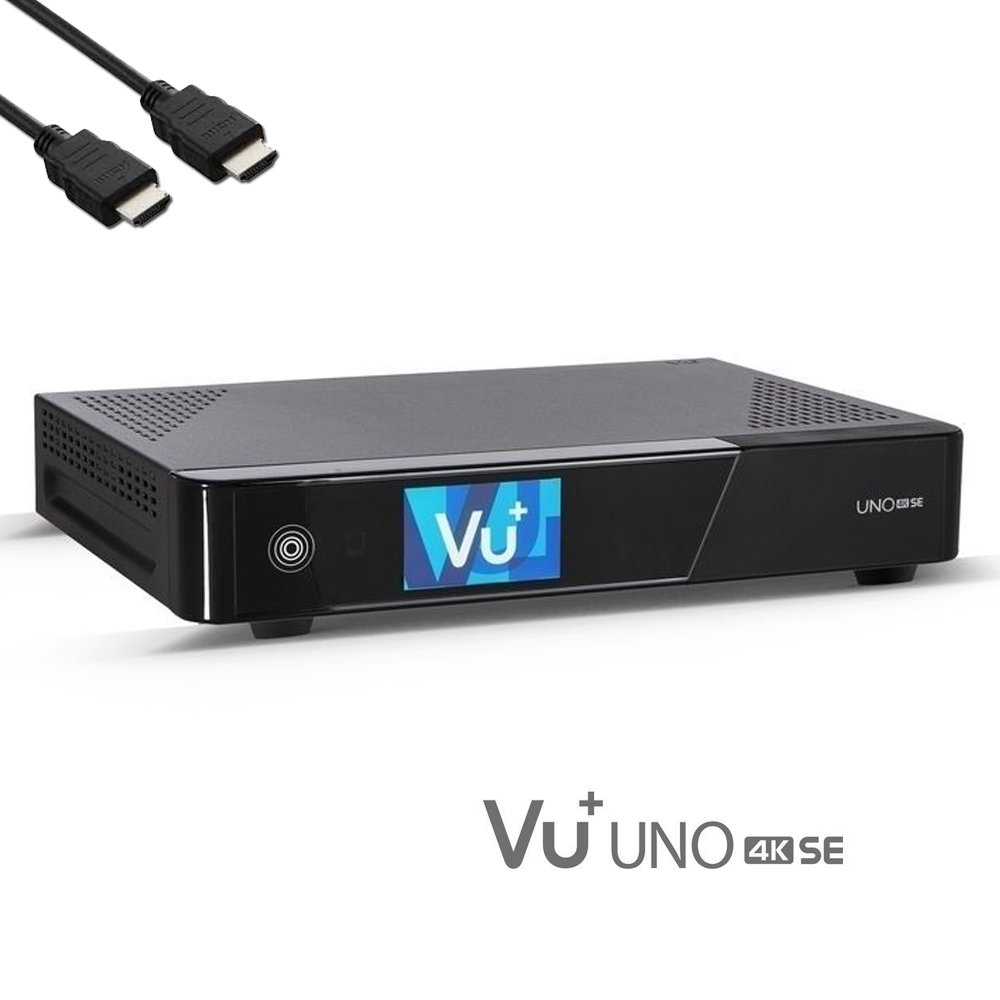 Schwarzer Vu+ UNO 4K SE Receiver mit zwei HDMI-Kabeln. Der Receiver hat ein Display.