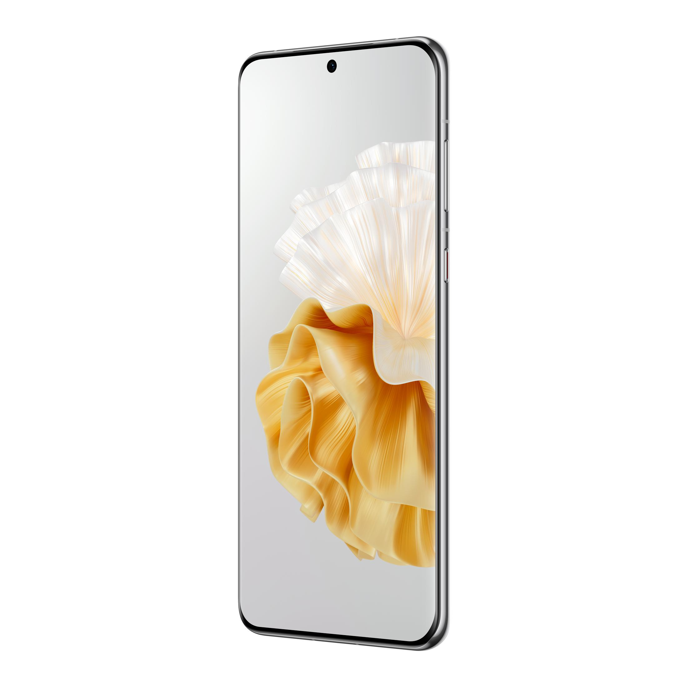 Ein Smartphone mit einem Bildschirm, der ein gelb-weißes, abstraktes Blumendesign zeigt.