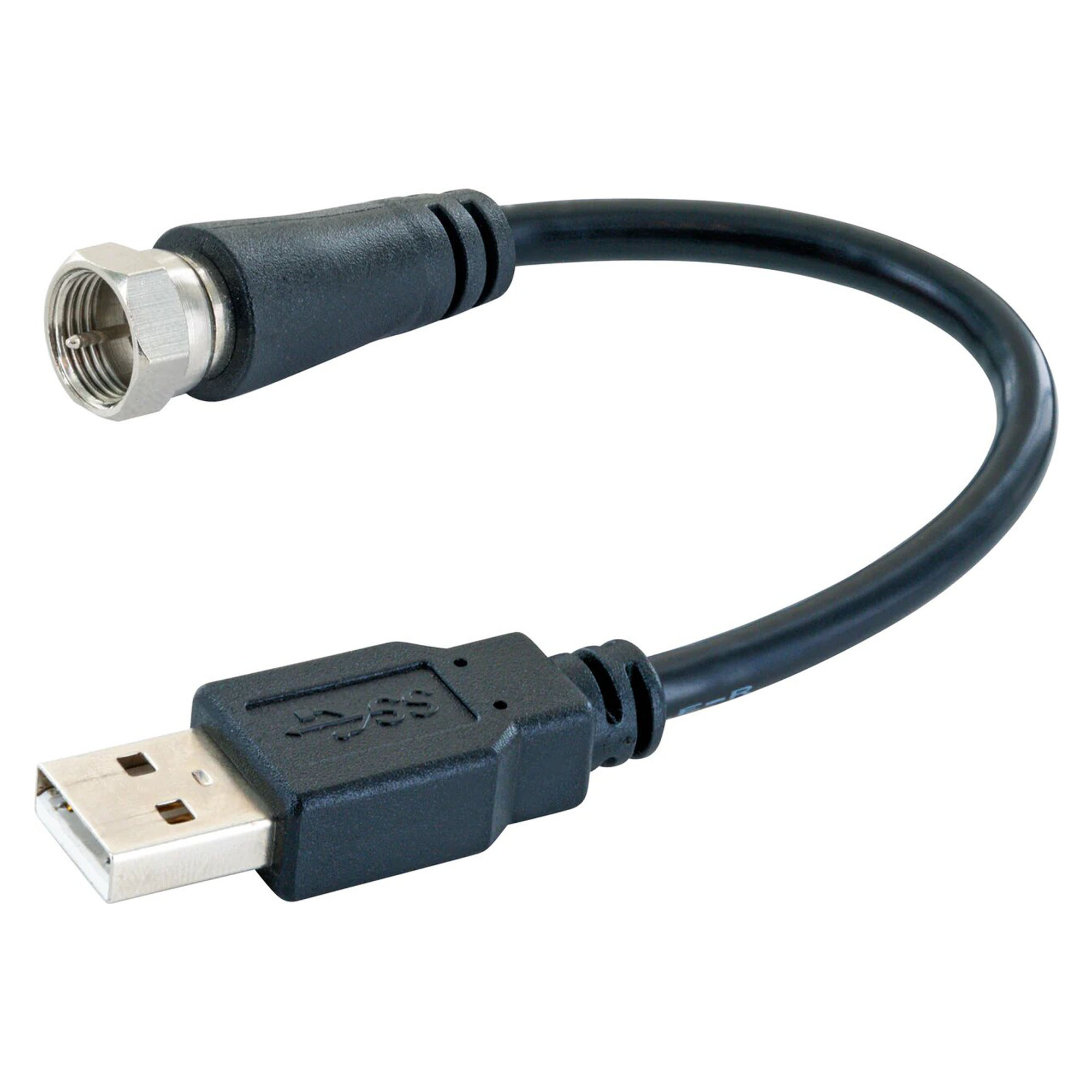 Schwarzes USB-Kabel mit einem USB-A-Stecker und einem Koaxialkabelanschluss.