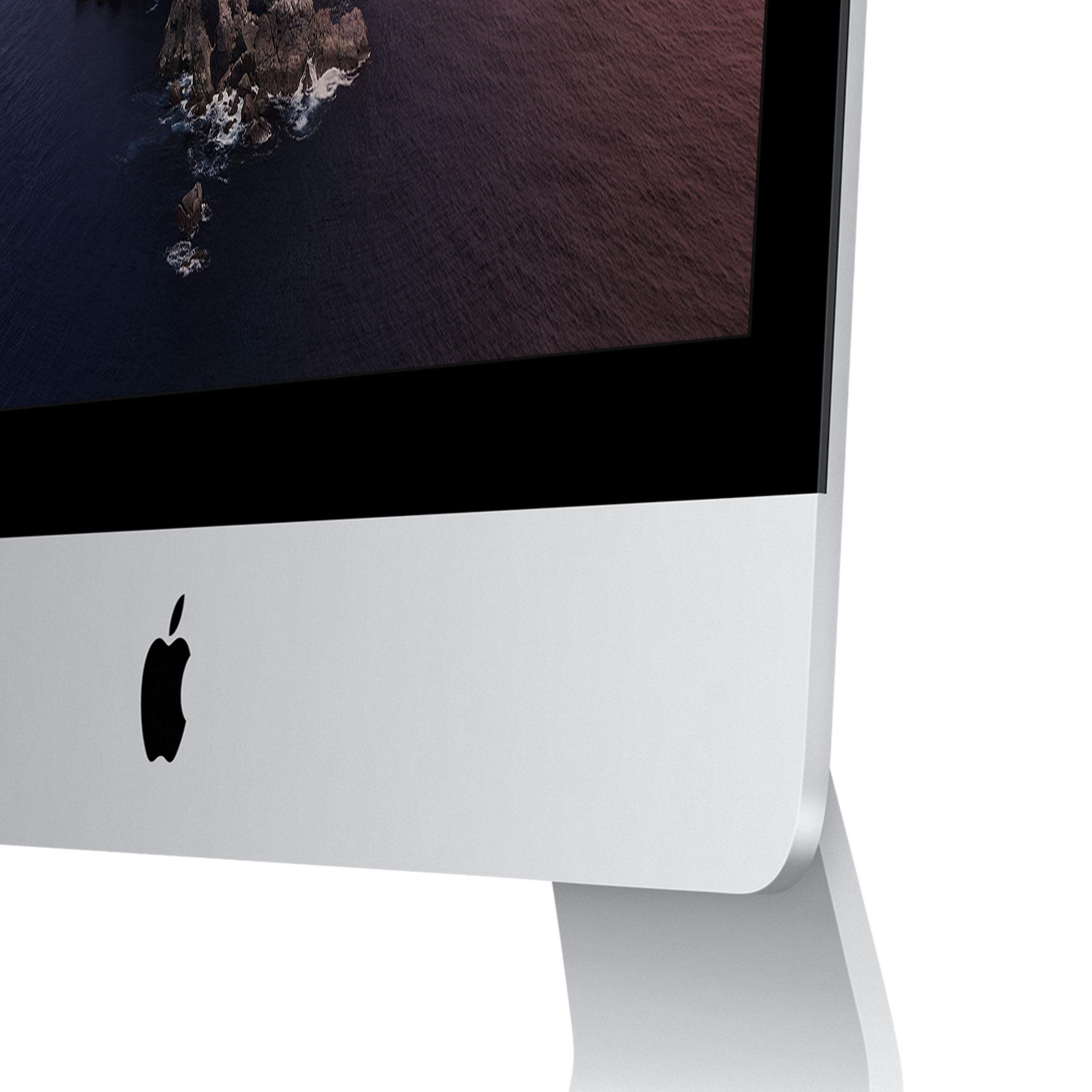 Nahaufnahme eines silbernen iMac-Computers mit dem Apple-Logo auf weißem Hintergrund.