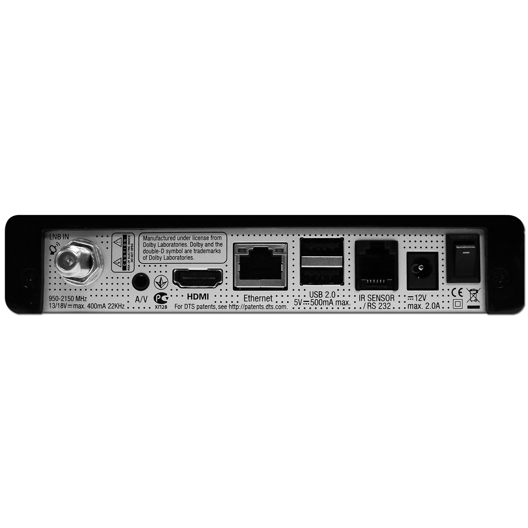 Rückseite eines schwarzen Geräts mit verschiedenen Anschlüssen und Eingängen. Etiketten wie HDMI, Ethernet und USB sind sichtbar.