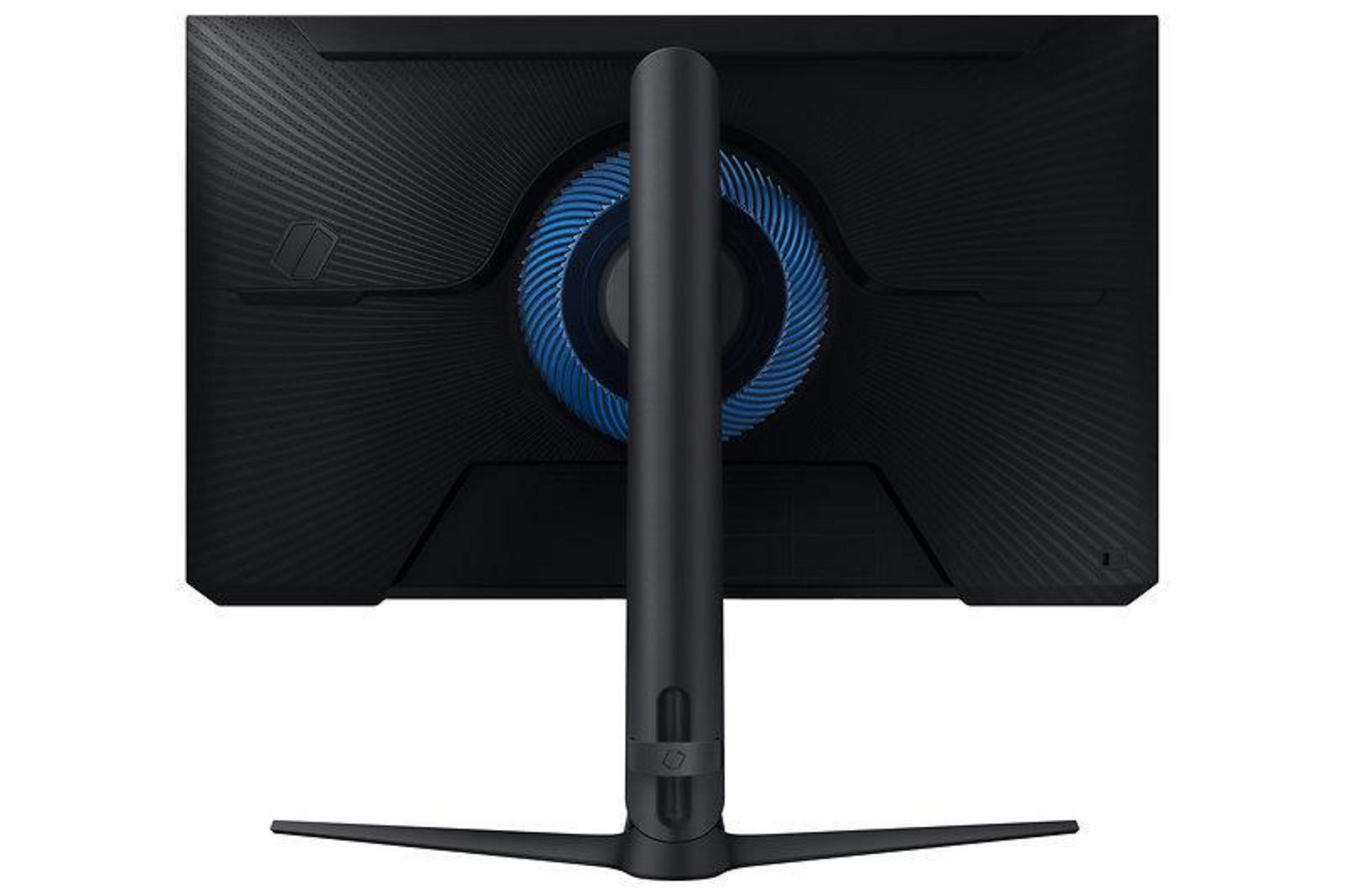 Retro di un monitor da gioco nero e blu. Il supporto è nero e il design è elegante.