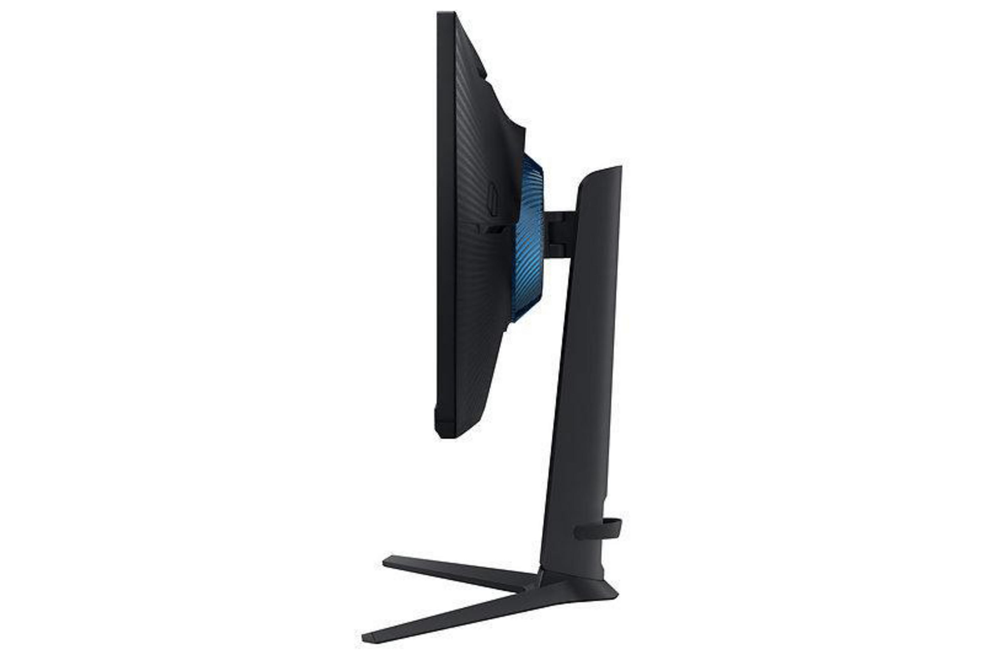 Monitor del computer nero, vista laterale. Mostra cornice nera, design posteriore blu e nero e supporto nero.
