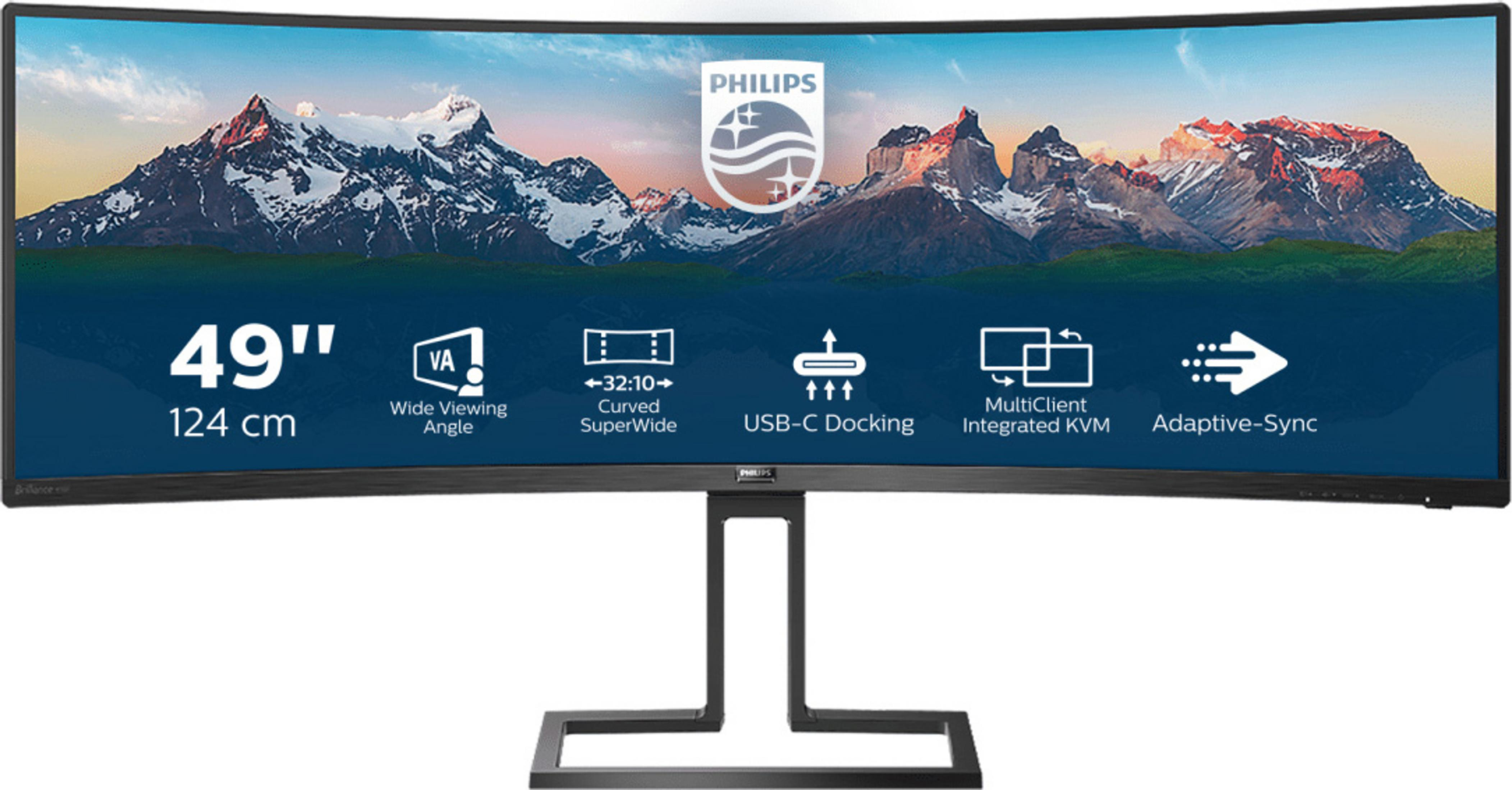 Monitor curvo con supporto nero e sfondo montagnoso. Il monitor ha un logo Philips e varie icone.