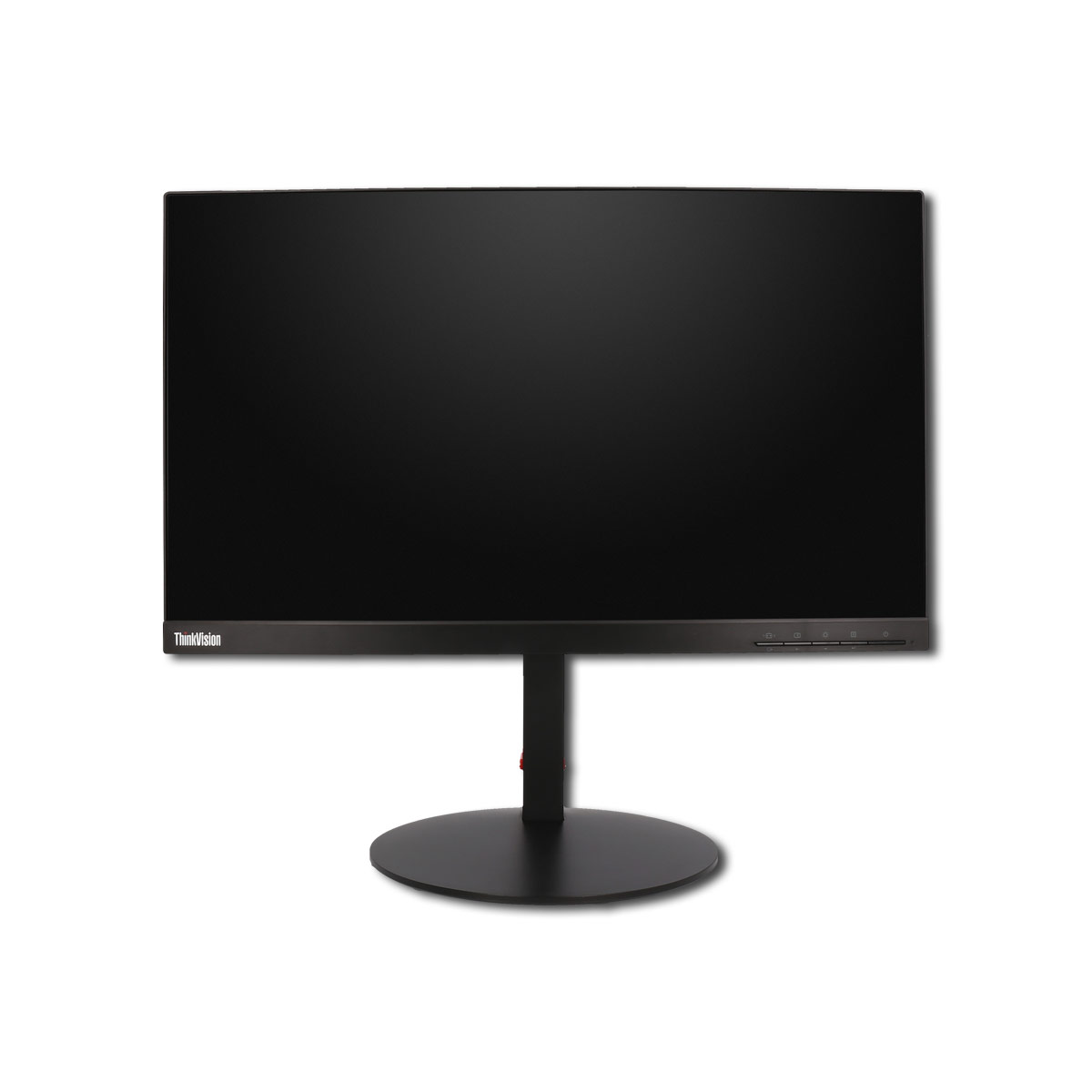Schwarzer Computermonitor mit schwarzem Ständer auf weißem Hintergrund.