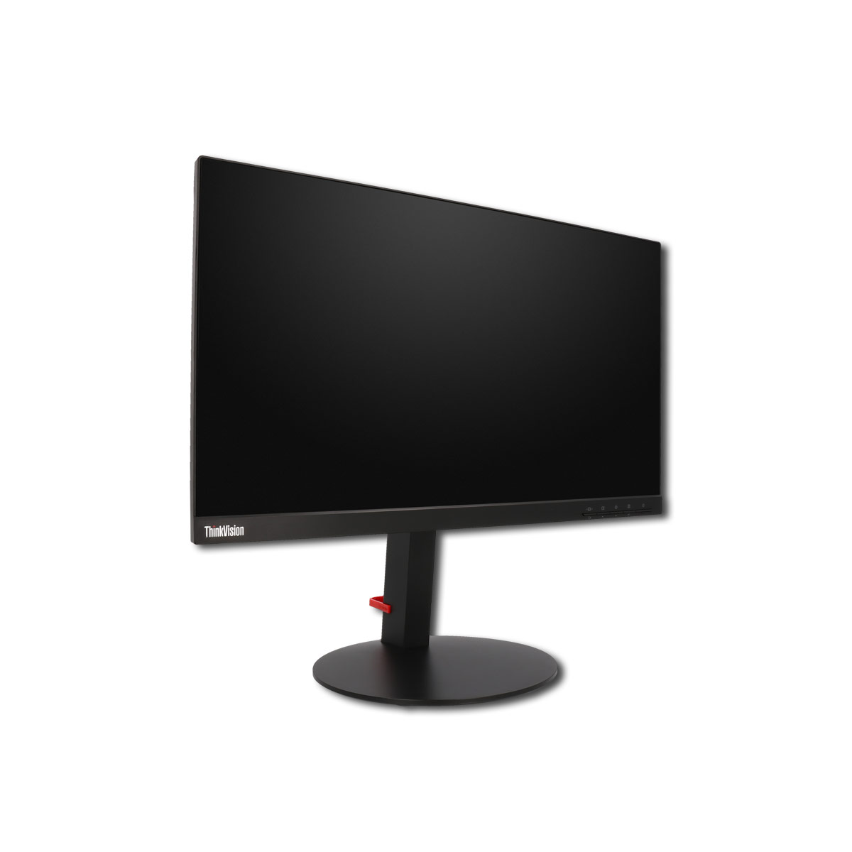 Ein schwarzer Computermonitor mit Ständer auf weißem Hintergrund. Der Bildschirm ist schwarz.