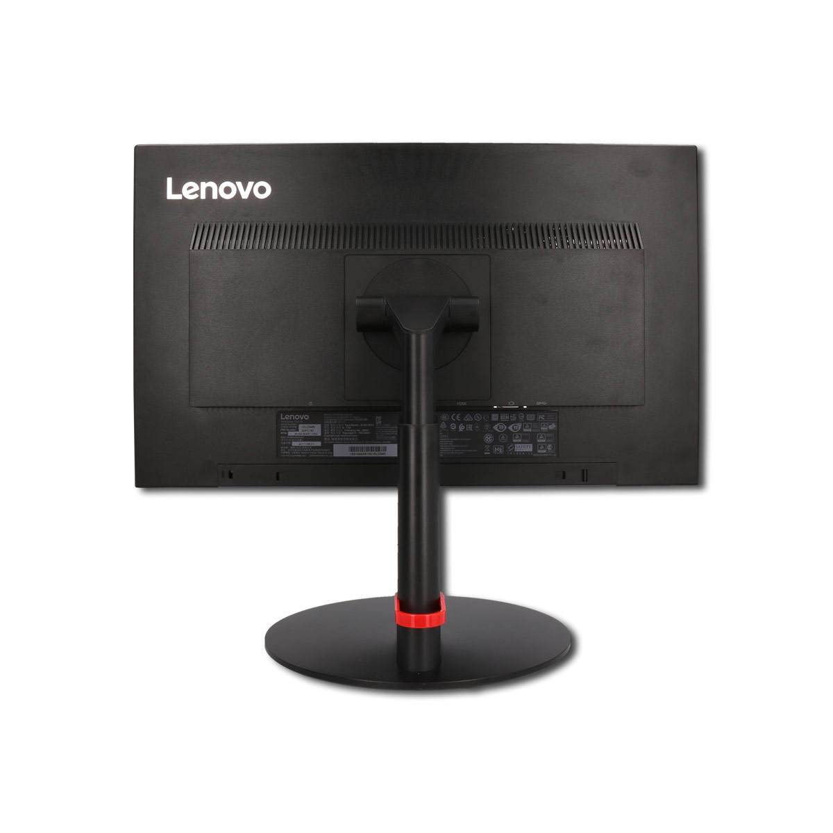 Die Rückseite eines schwarzen Lenovo-Monitors mit rotem Ständer und weißem Hintergrund.