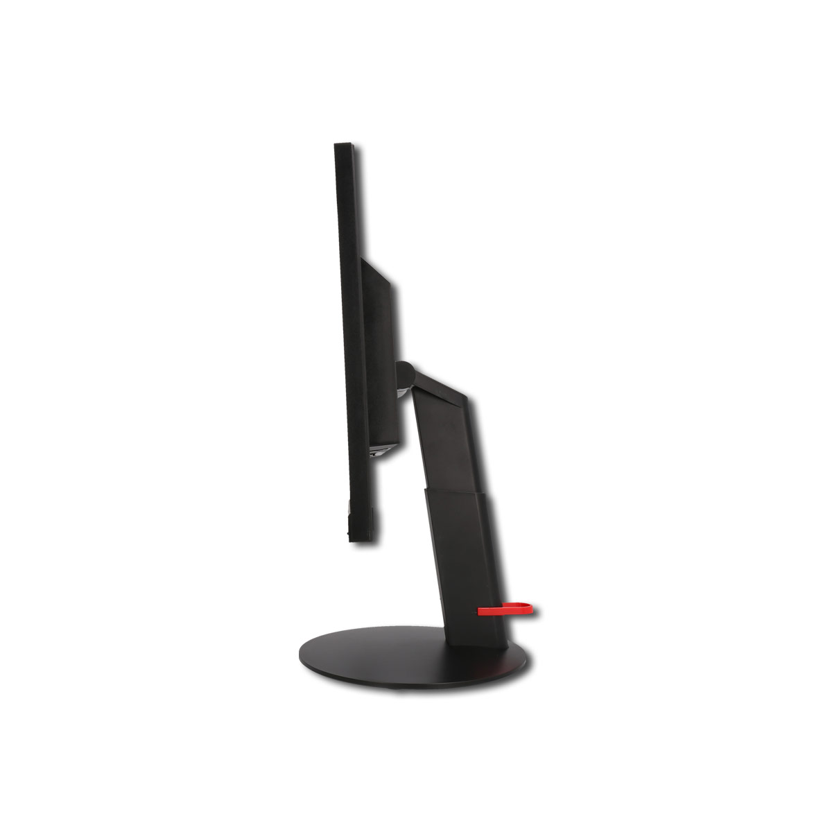 Ein schwarzer Computermonitor im Profil. Er hat einen runden Sockel mit roter Akzentfarbe.