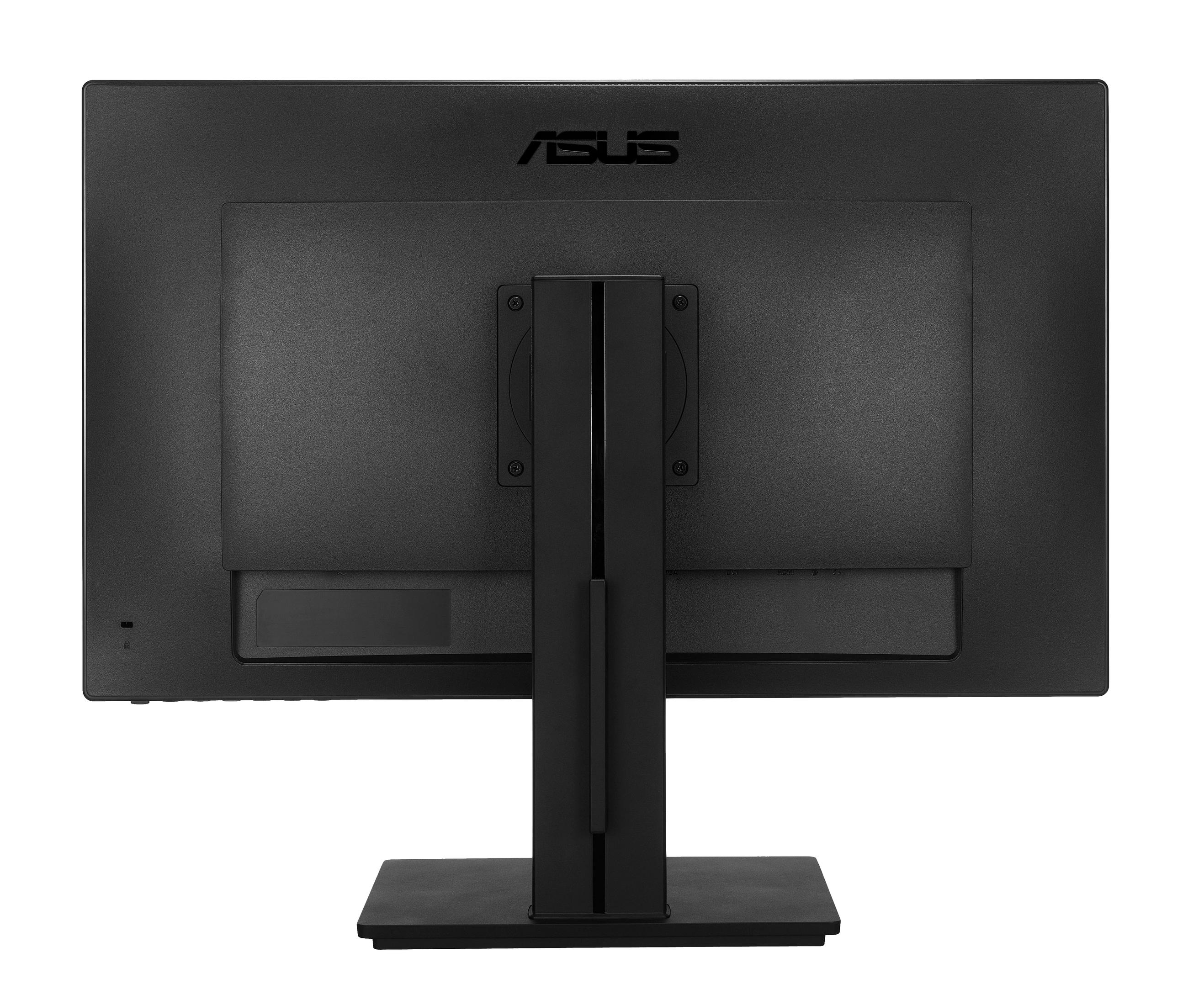 Tył czarnego monitora ASUS, ze stojakiem i logo ASUS na górze.