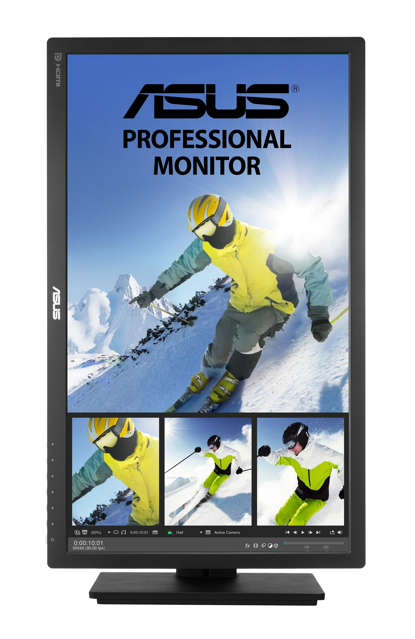 Profesjonalny monitor ASUS z sceną narciarską na ekranie. Trzy ujęcia akcji narciarskiej na dole. Białe tło.
