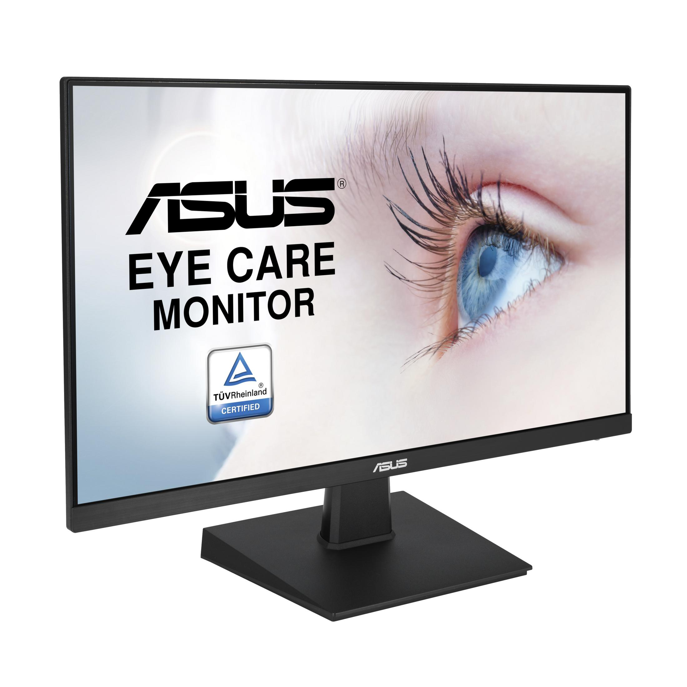 Monitor del computer nero con logo ASUS. Lo schermo mostra un occhio e la scritta 'Eye Care Monitor'.