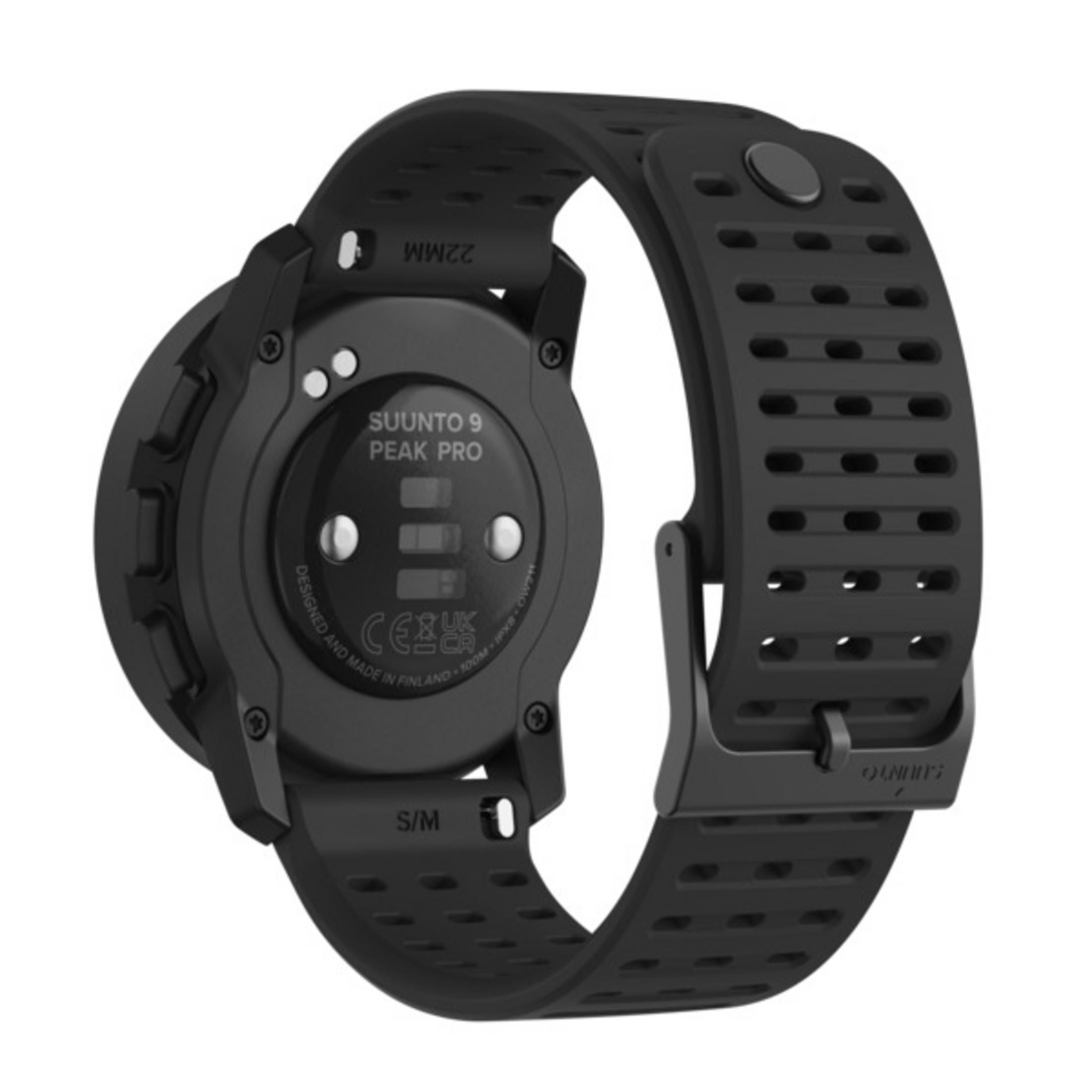 Schwarze Suunto 9 Peak Pro Smartwatch. Rückansicht, Armband und Knöpfe.