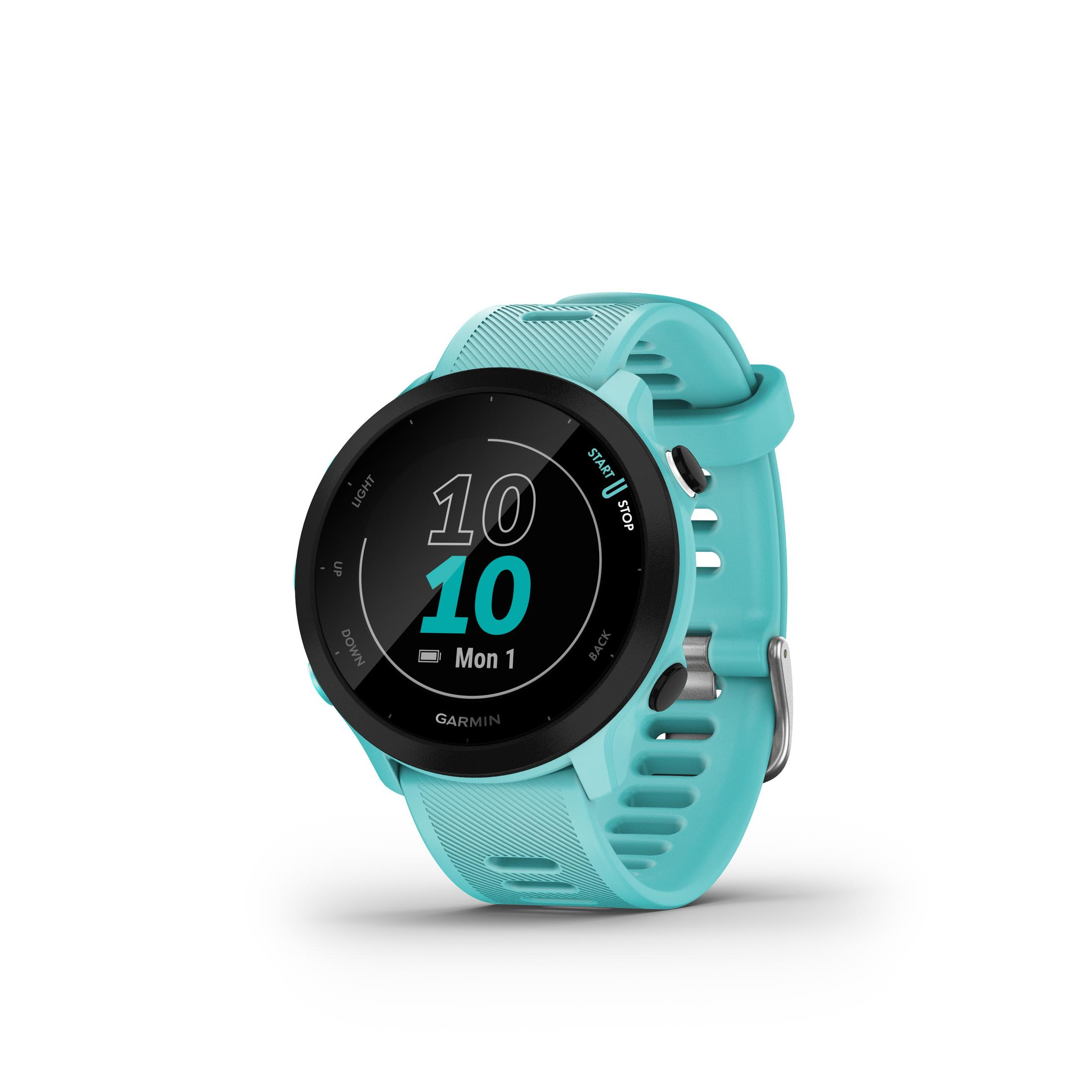 Turkusowy smartwatch Garmin z czarną ramką, wyświetlający datę i godzinę.