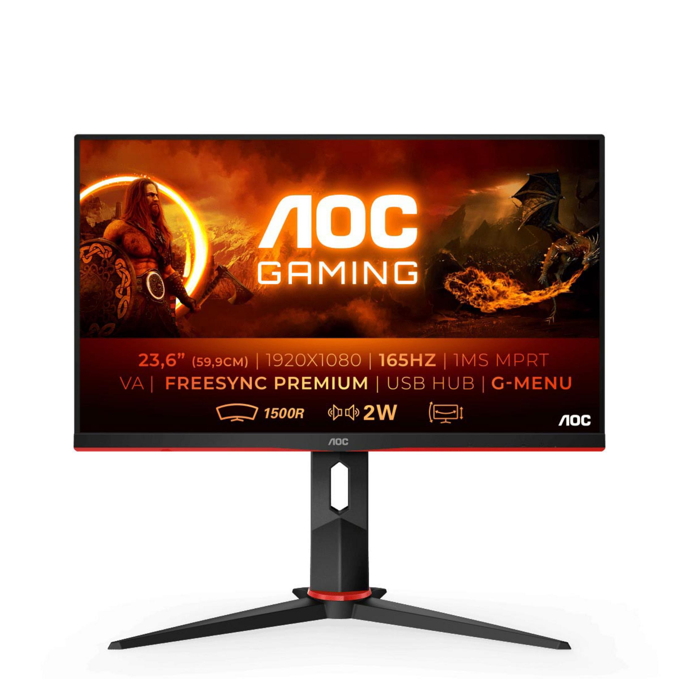 Monitor gaming AOC con dettagli rossi, che mostra una scena fantasy. Sfondo bianco.