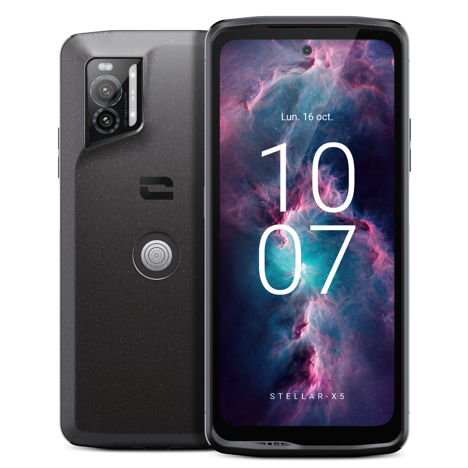 Téléphone noir. Affiche l'heure et une image de galaxie. Système à double caméra.