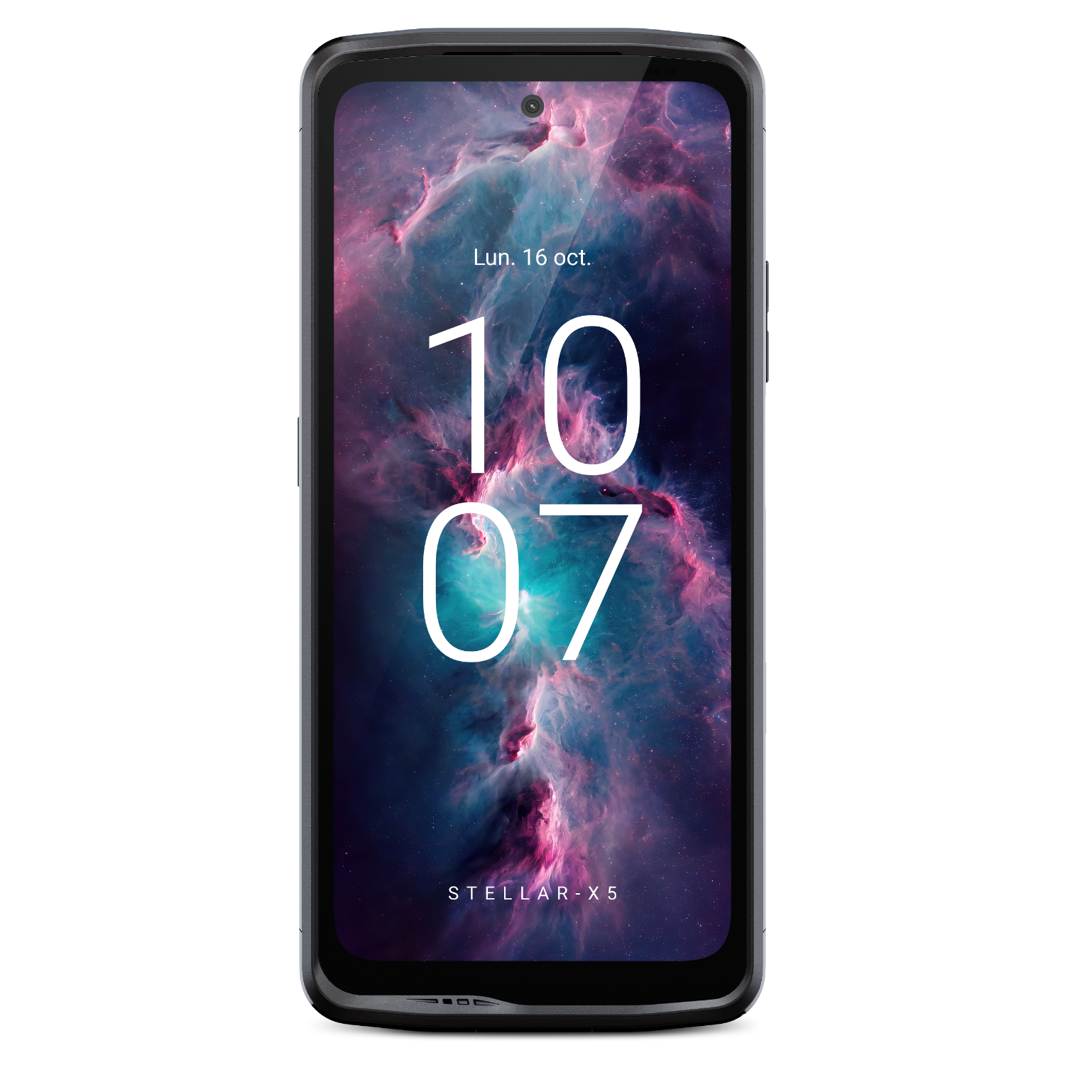 Téléphone noir avec un fond cosmique sur l'écran. L'heure est affichée à 10:07. Fond noir.