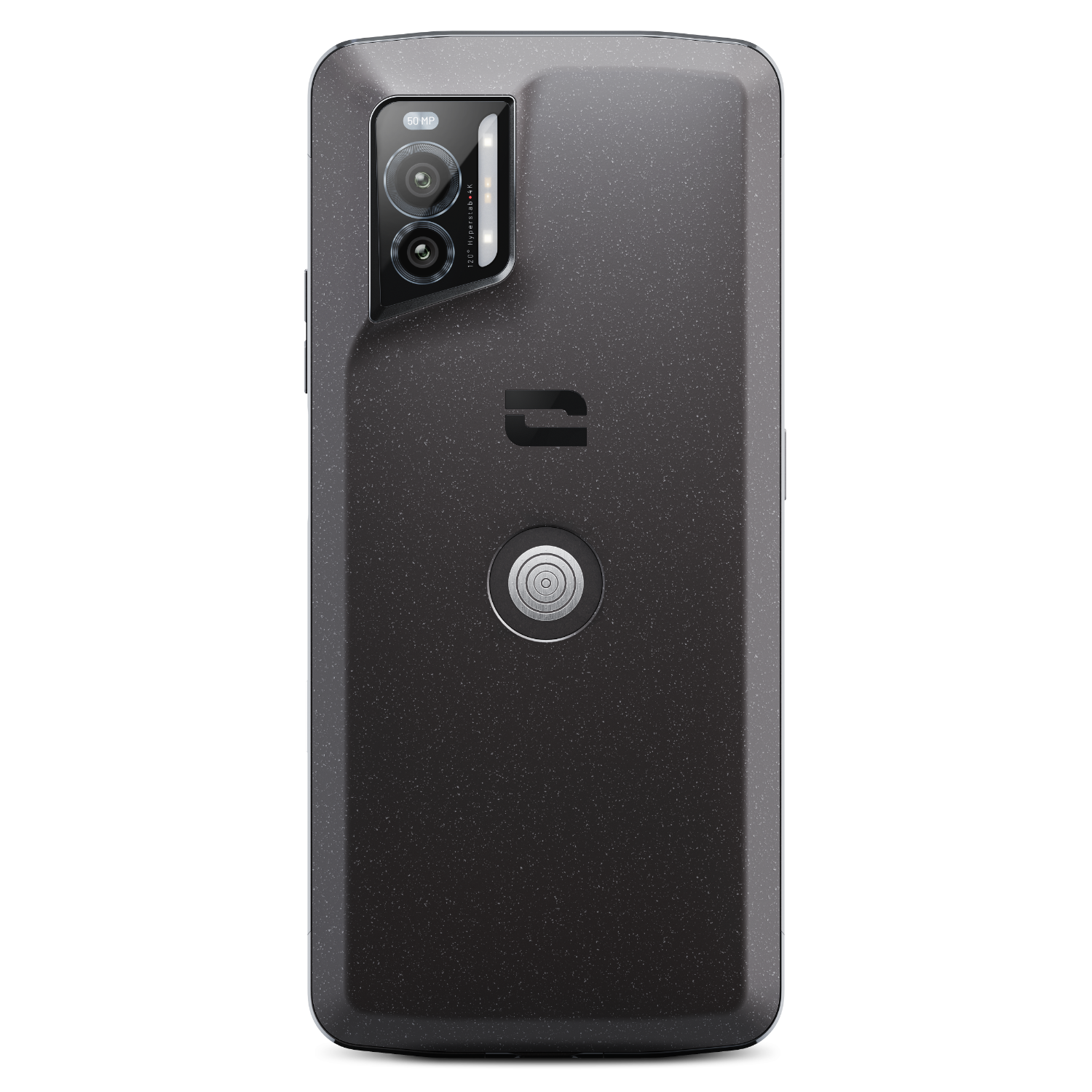 Dos de smartphone noir. Une bosse de caméra est présente. Le téléphone a une surface texturée et un bouton centré.