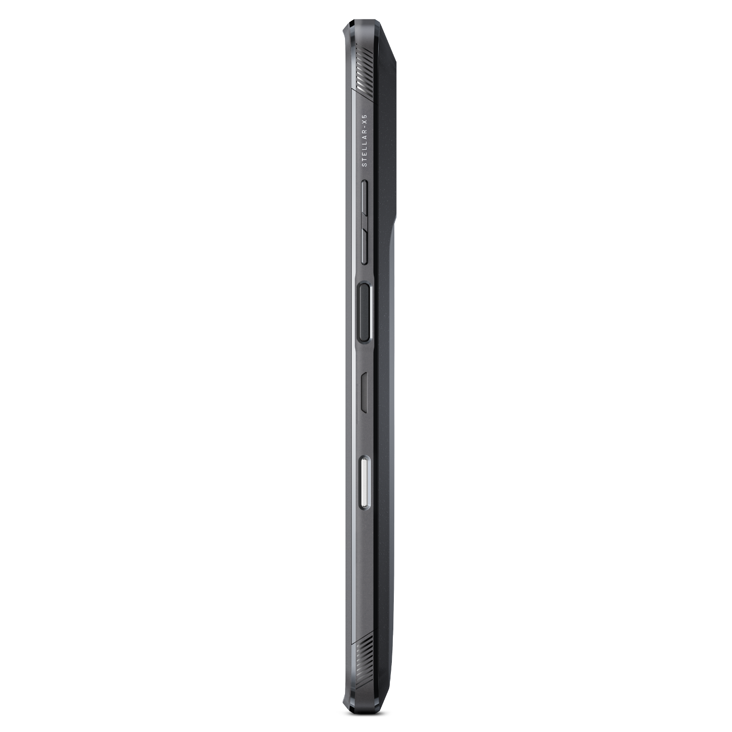 Vue latérale d'un téléphone noir. Le côté comporte des boutons et une surface texturée. Fond noir.