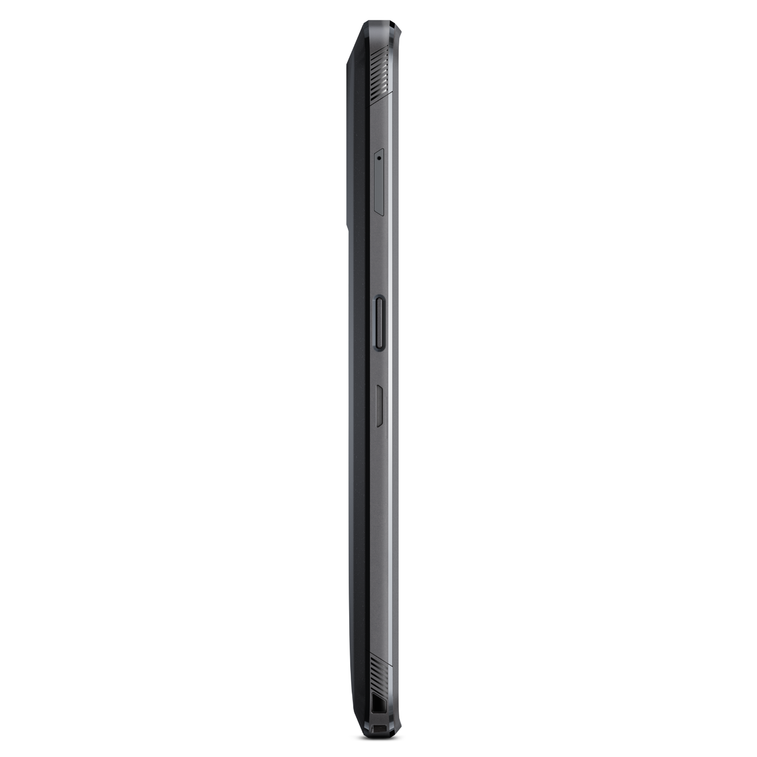 Vue latérale d'un smartphone noir avec dos texturé et boutons latéraux.