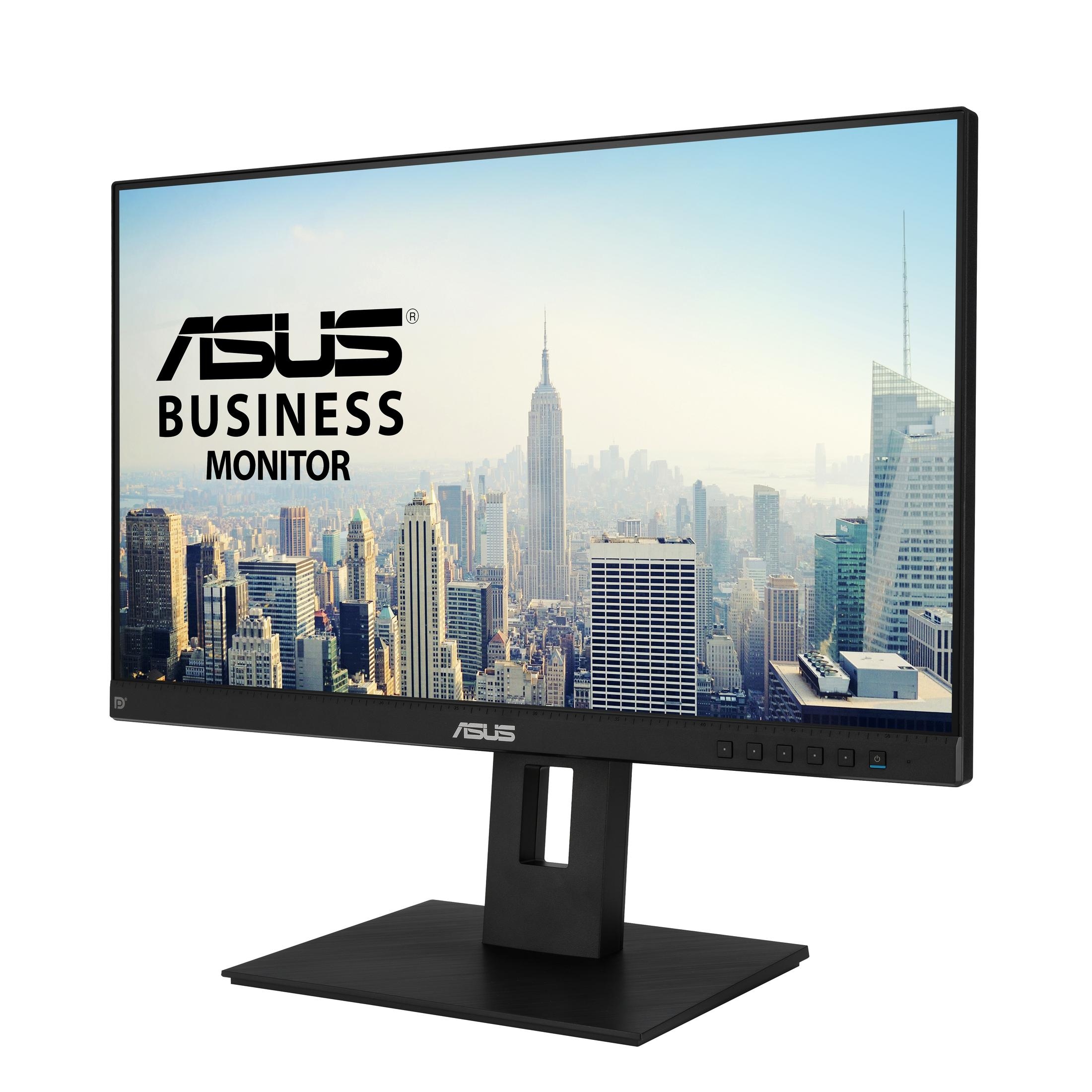 Monitor Asus Business na białym tle. Wyświetla panoramę miasta. Monitor jest czarny.