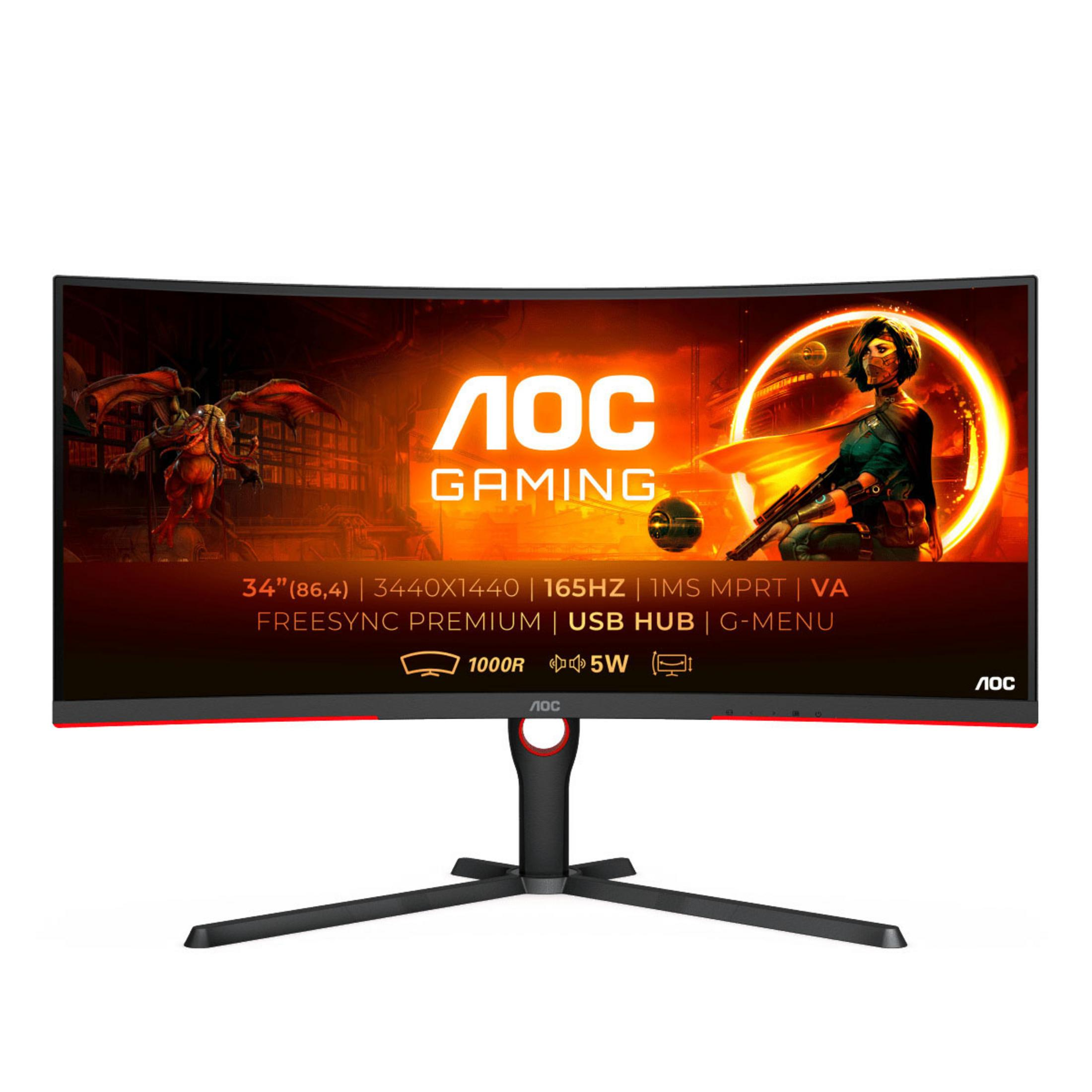 Monitor curvo para juegos con base roja. La pantalla muestra una escena de juego.