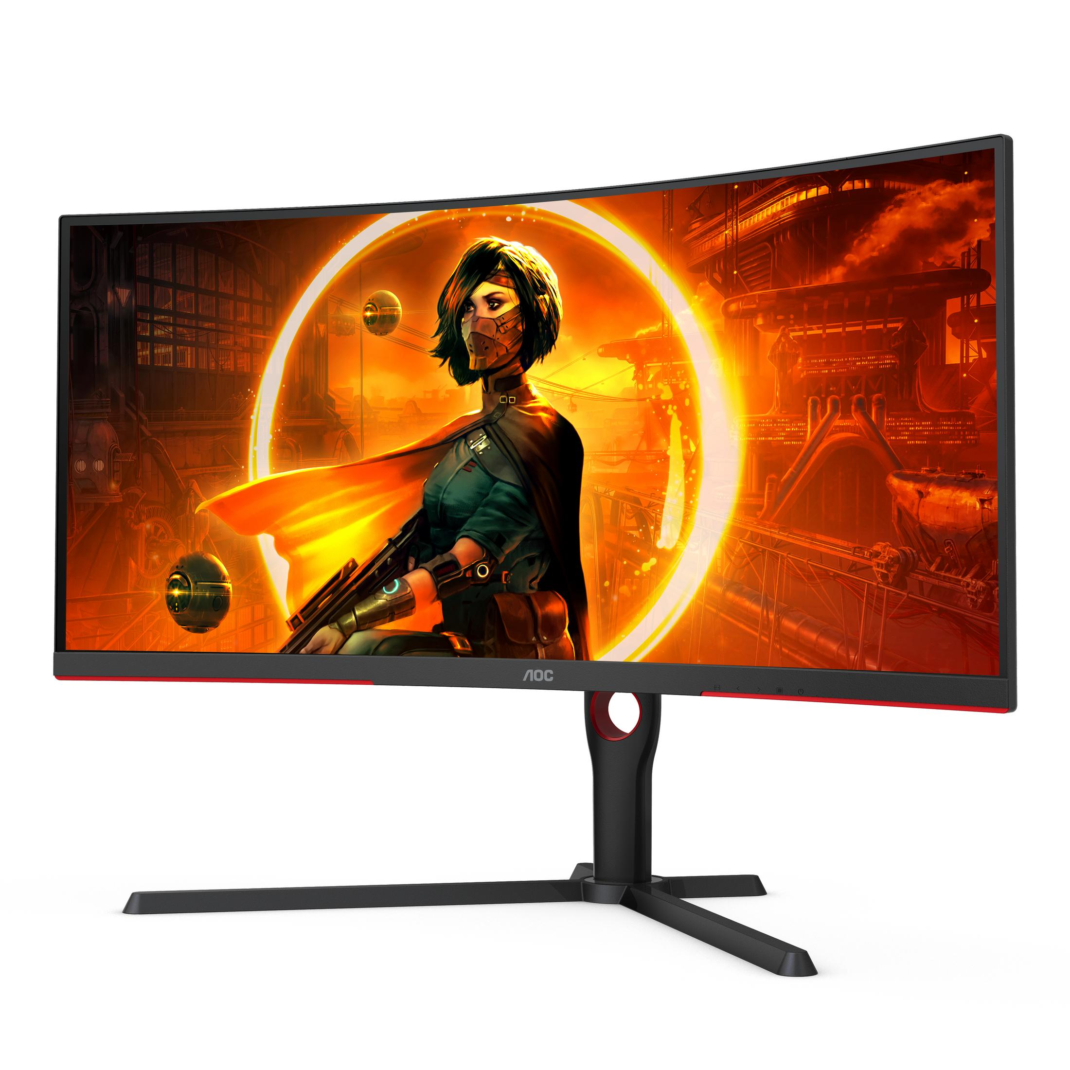 Monitor curvo mostrando una escena de juego. Soporte negro con detalles rojos. Fondo blanco.