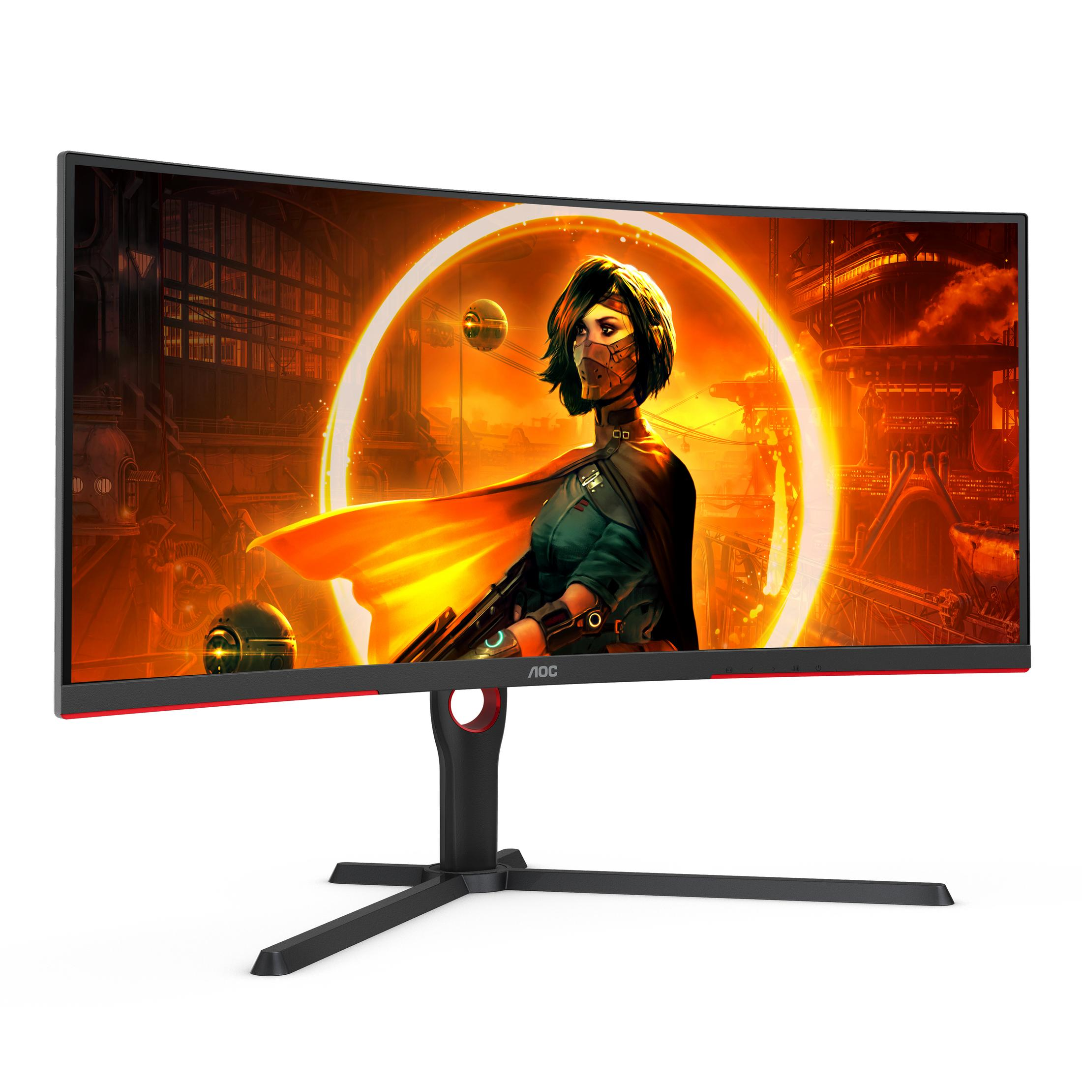 Monitor curvo con escena de juego, soporte negro y detalles en rojo.